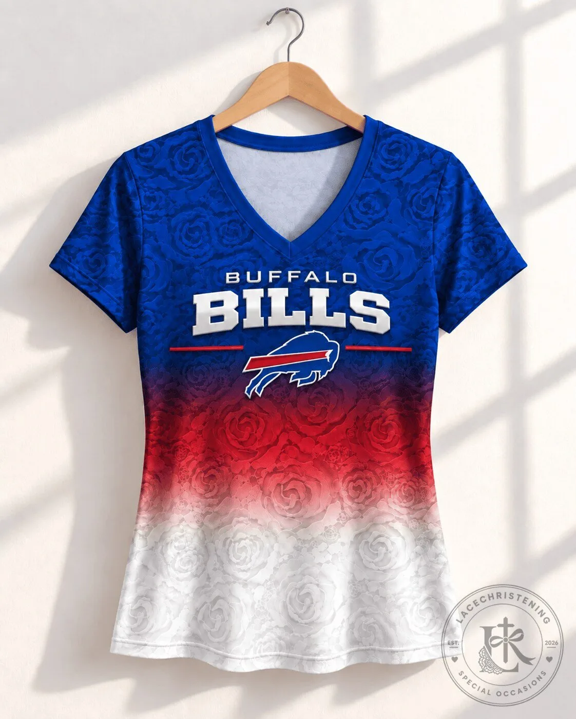 Buffalo Bills Women's V-Neck T-Shirt with Rose Ombre Design