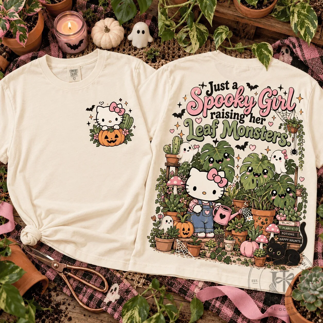Hello Kitty Spooky Girl Raising Leaf Monsters Halloween T-Shirt