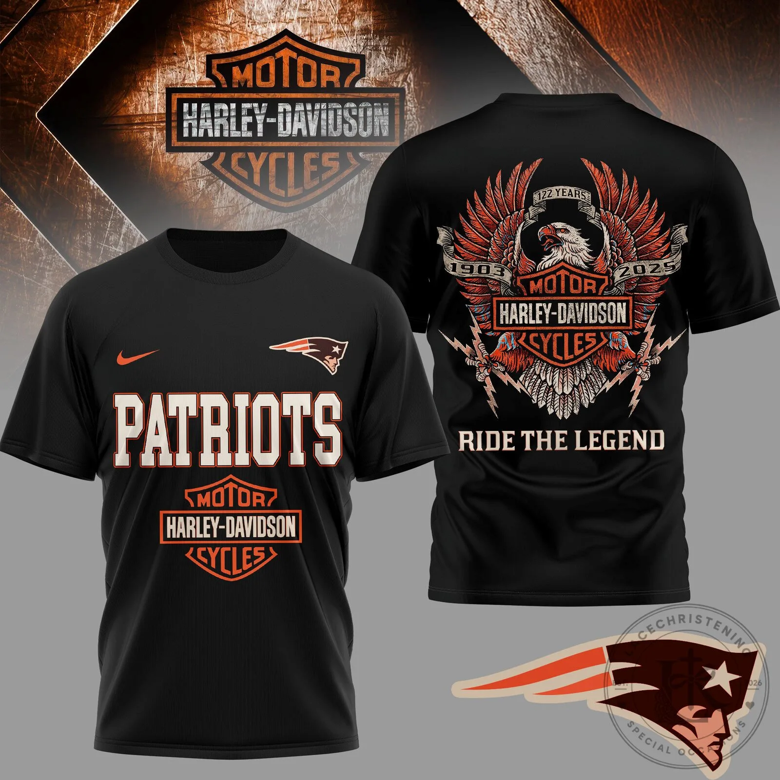 New England Patriots Harley-Davidson Motorcycles Ride The Legend Black T-Shirt