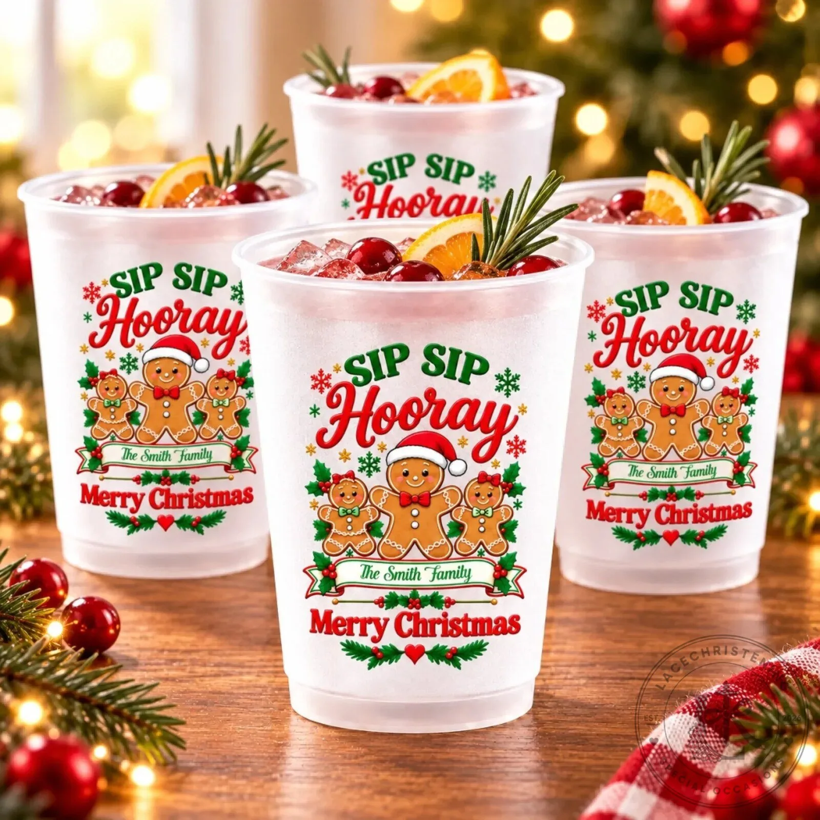 Personalized Gingerbread Family Frosted Christmas Cups, Sip Sip Hooray Holiday Drinking Glass