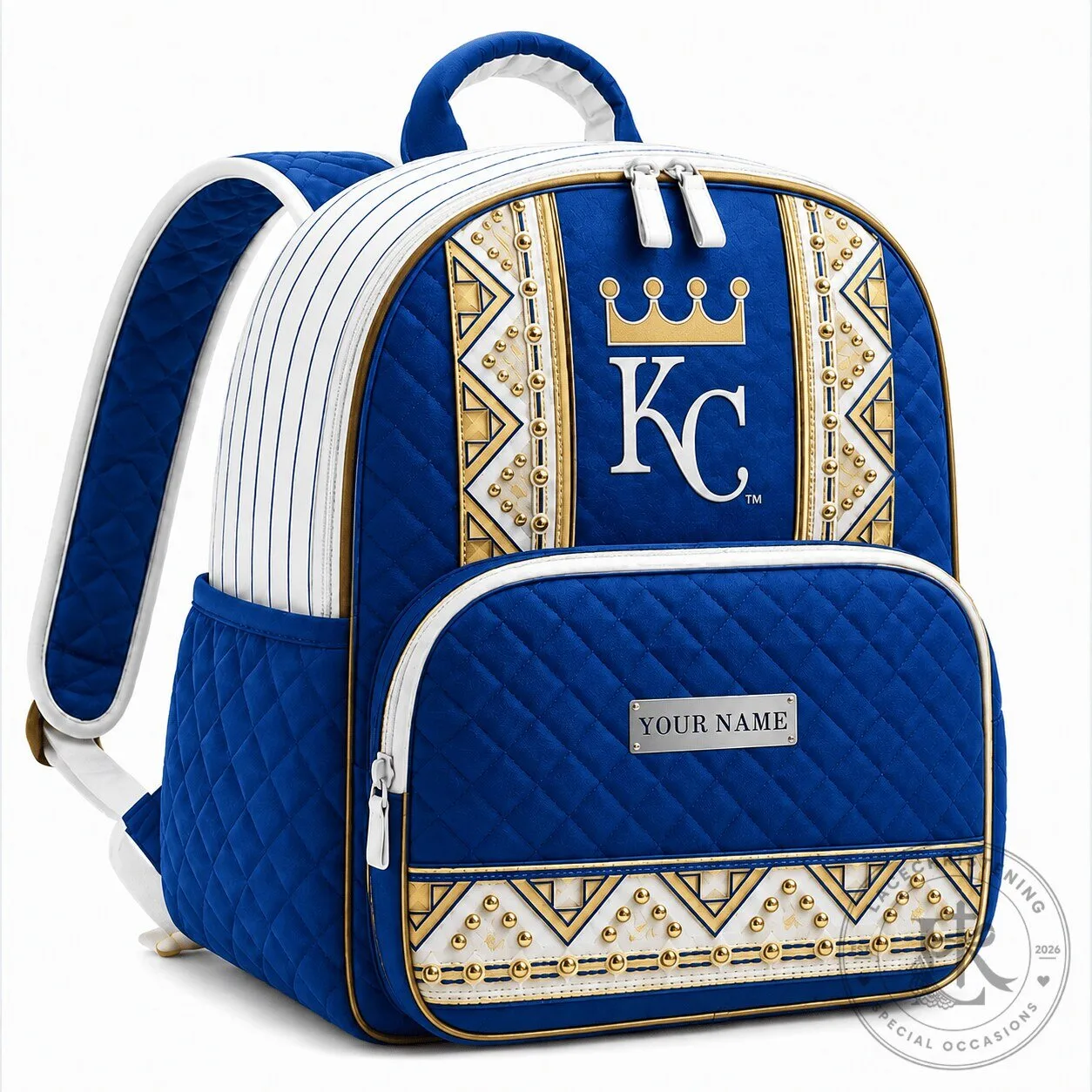 Kansas City Royals Baseball Team Crown Logo Quilted Backpack Personalized Gift