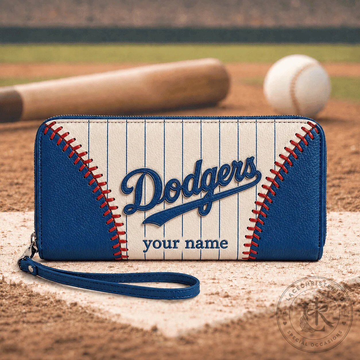 Los Angeles Dodgers Personalized Baseball Stitching Leather Zipper Wallet