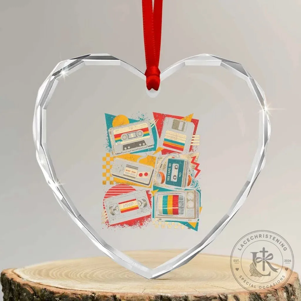 Vintage 80s 90s Retro Cassette Tape Floppy Disk Graphic Heart Crystal Ornament