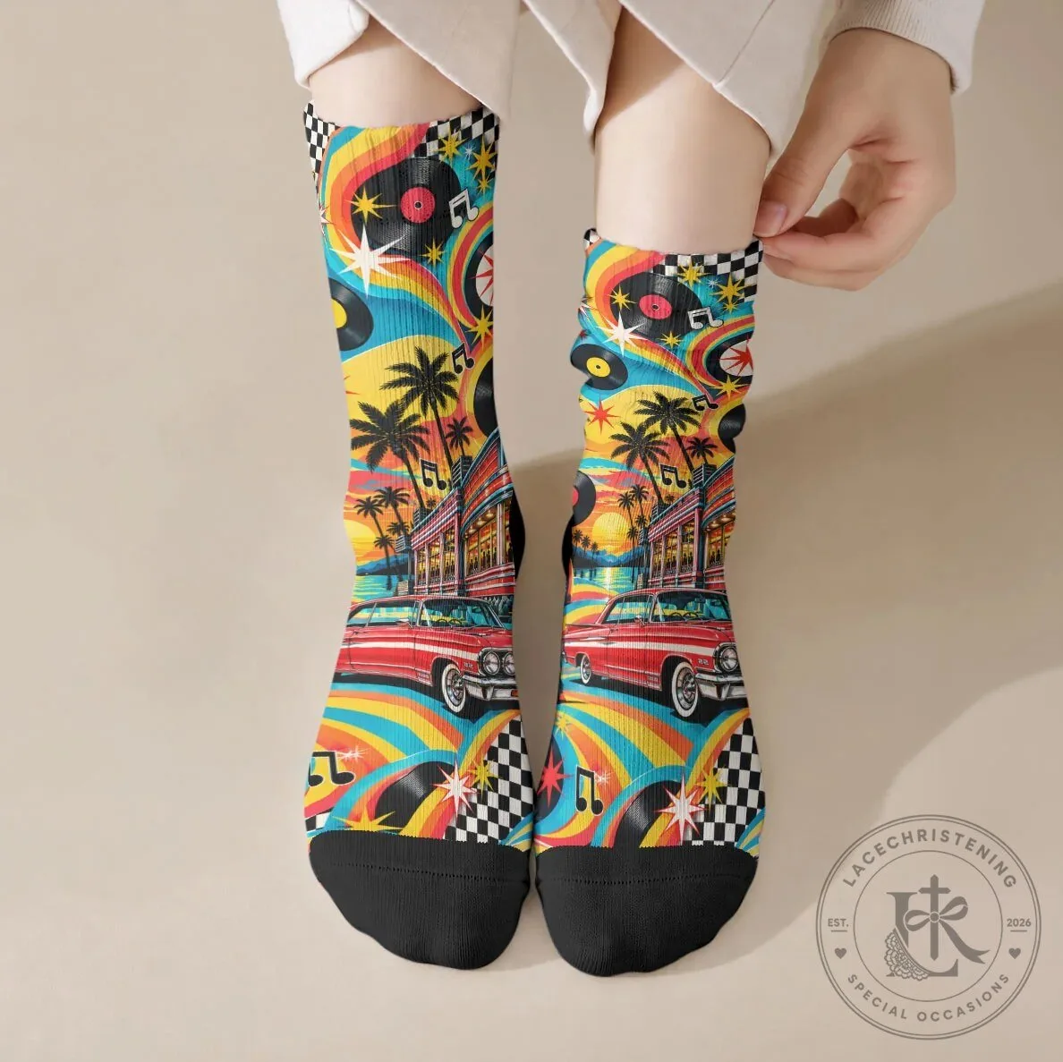 Baby Boomers Generation Vintage Retro Classic Car And Vinyl Records Nostalgia Socks
