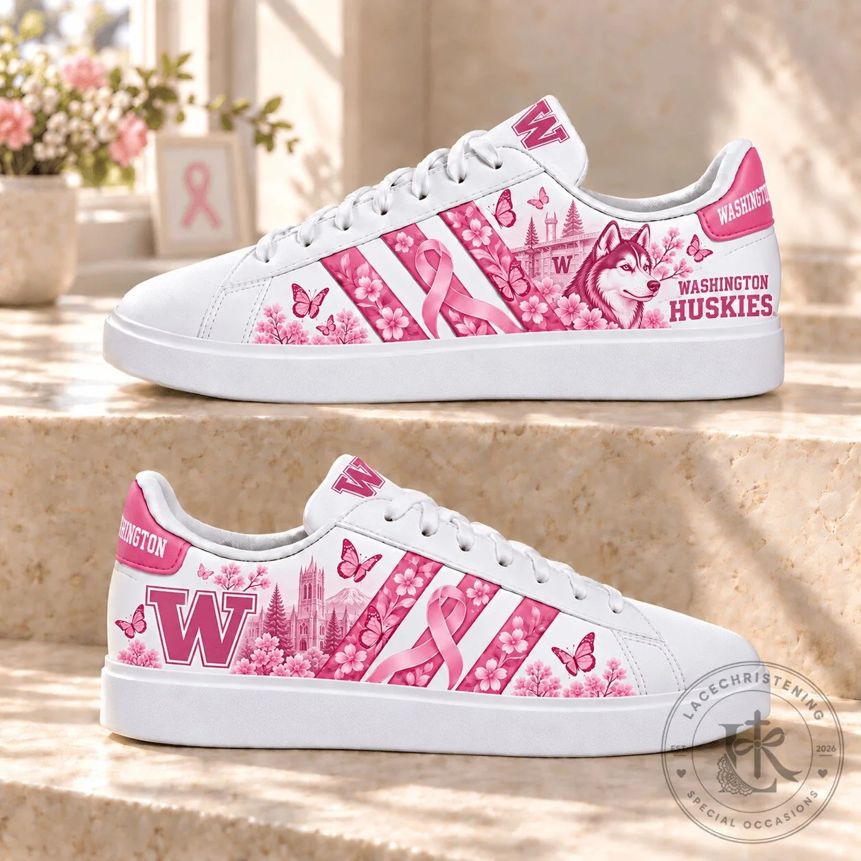 Washington Huskies Breast Cancer Awareness Pink Ribbon Custom Sneakers