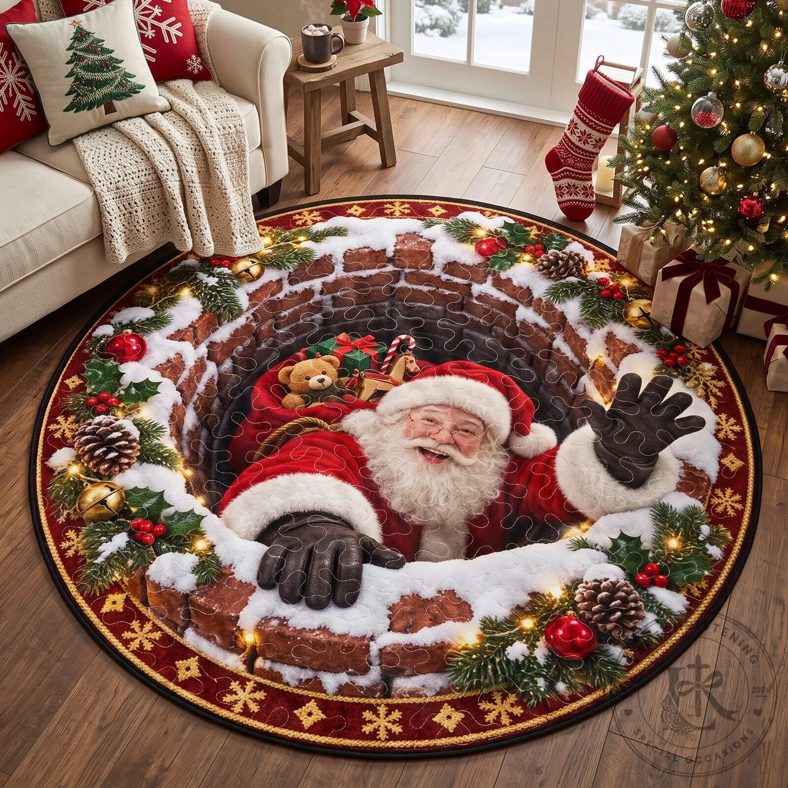 Santa Claus Christmas Chimney Round Area Rug Holiday Home Decor