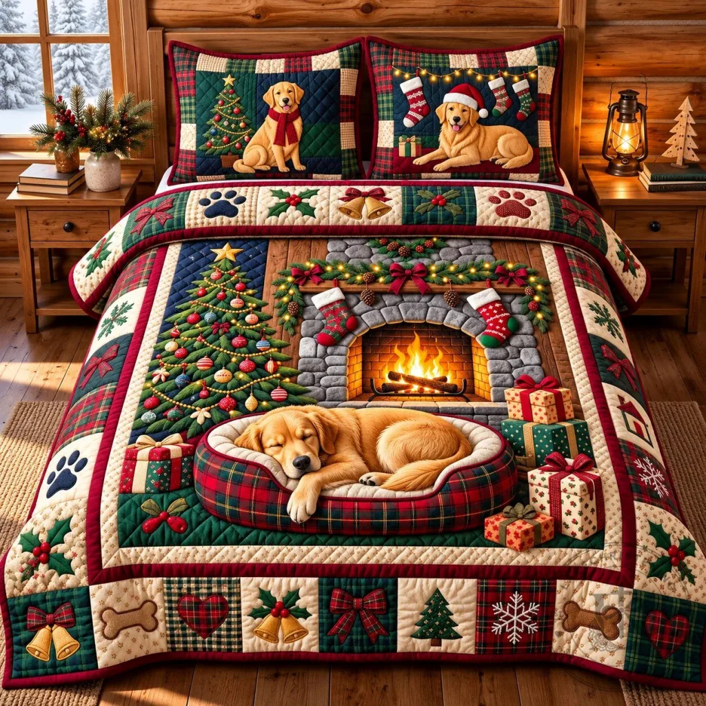 Golden Retriever Dog Christmas Holiday Quilted Bedding Set Golden Retriever Dog Christmas Holiday Quilted Bedding Set