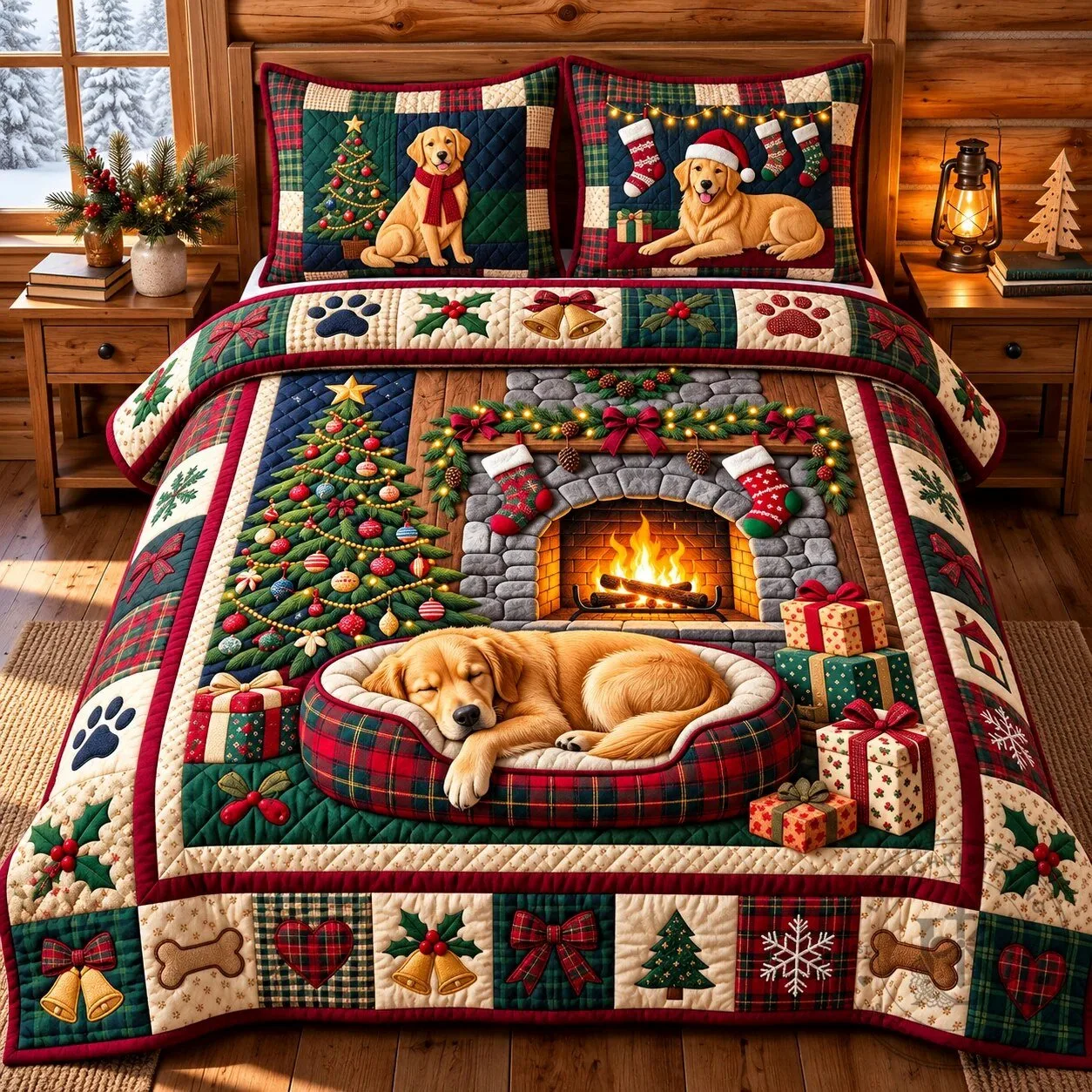 Golden Retriever Dog Christmas Holiday Quilted Bedding Set