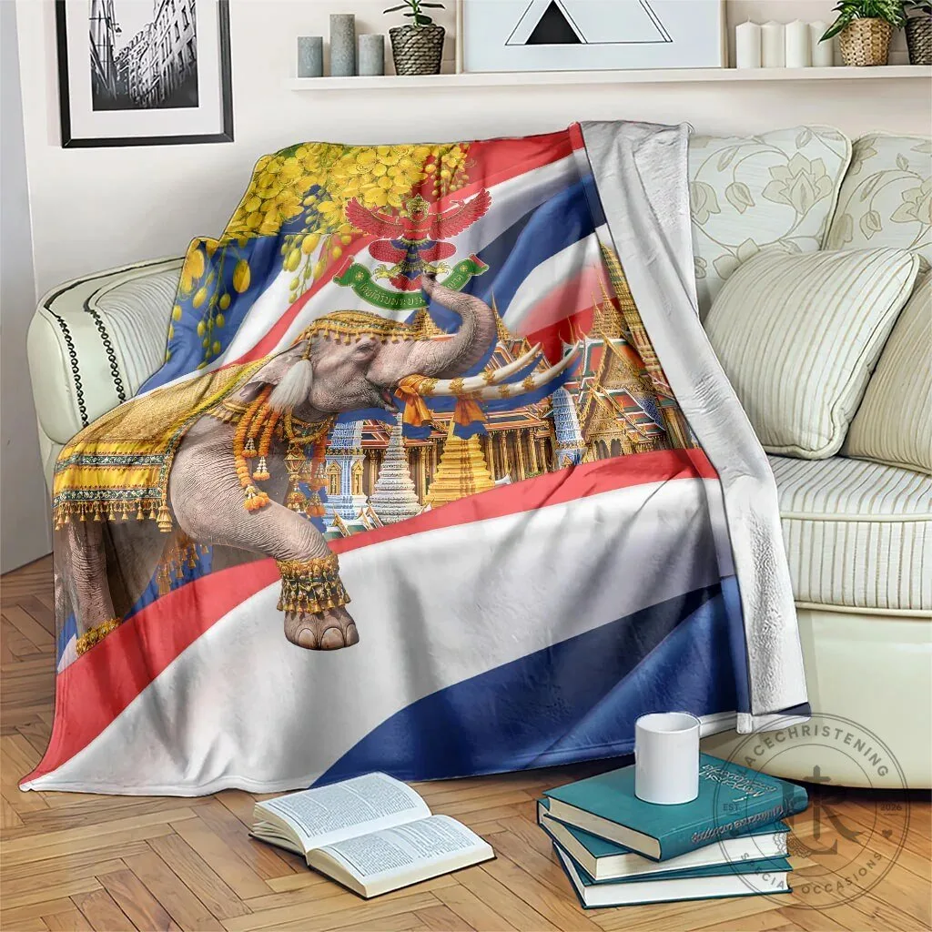 Thailand Flag Golden Elephant and Temple of the Emerald Buddha Fleece Blanket