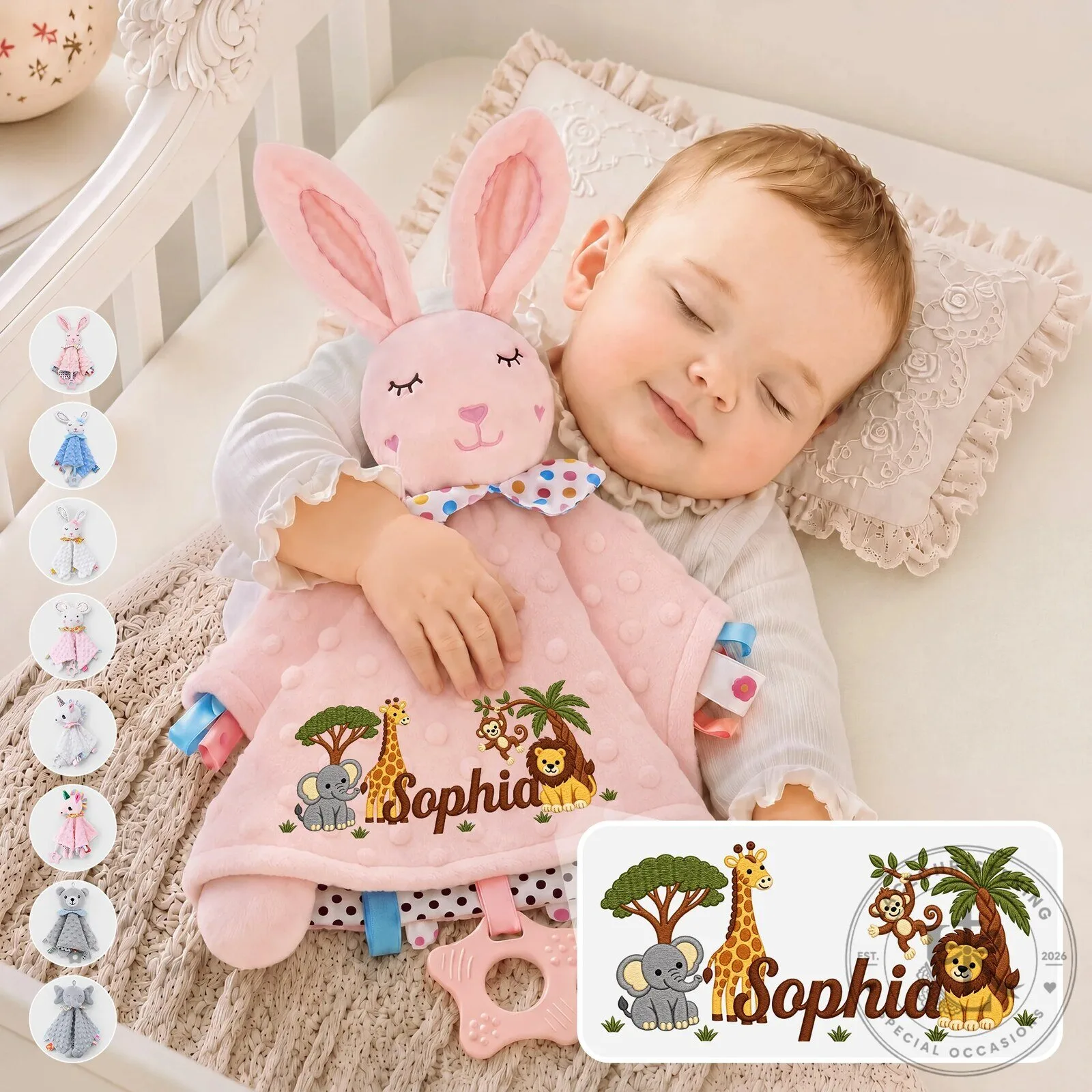 Personalized Safari Animals Baby Security Blanket with Bunny Head and Name