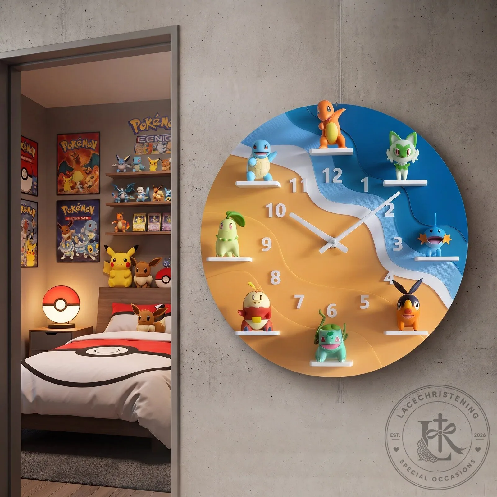 Pokemon Starter Characters 3D Wall Clock, Gaming Room Decor for Fans