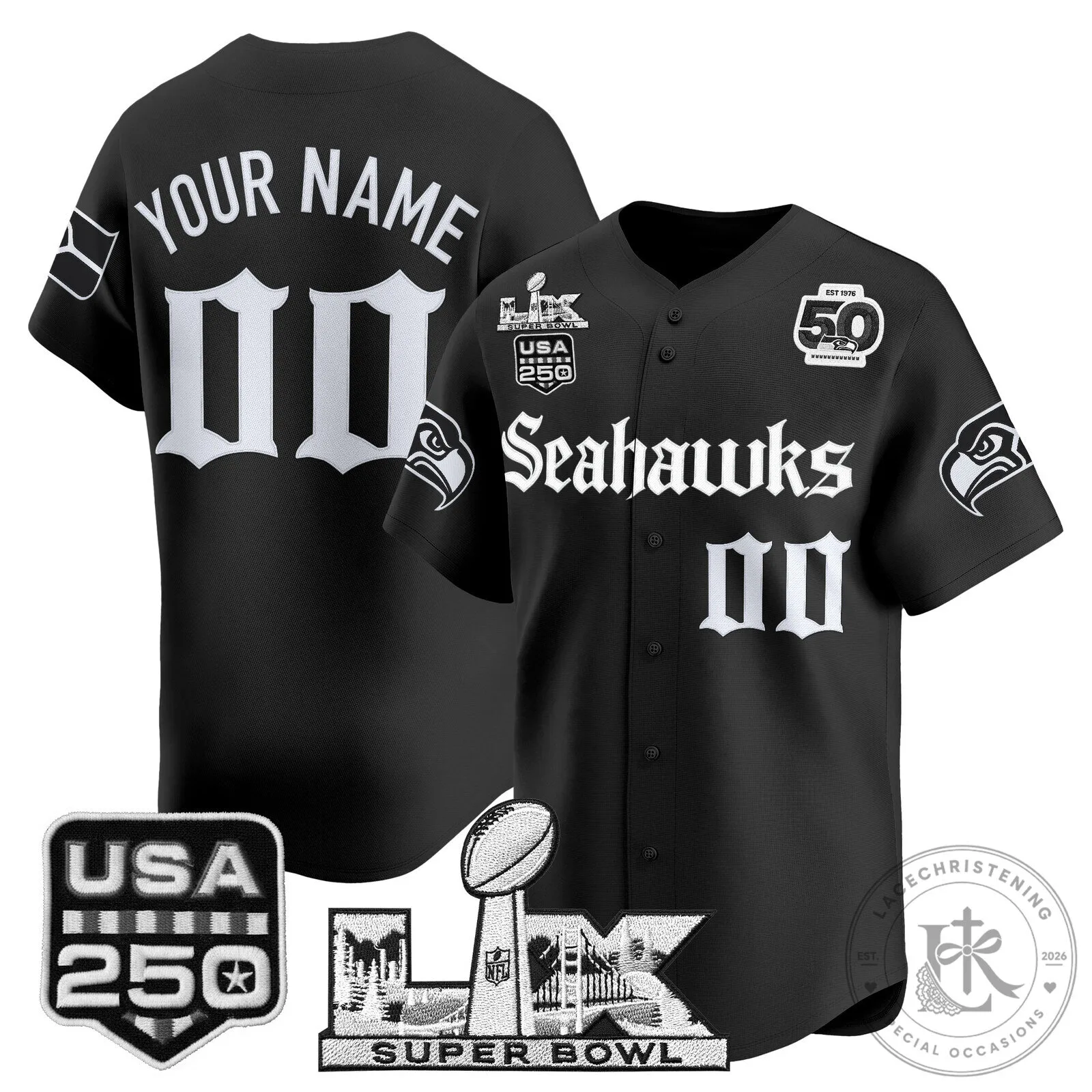 Black Baseball Jersey for Super Bowl LX 50th Anniversary of the Seattle Seahawks