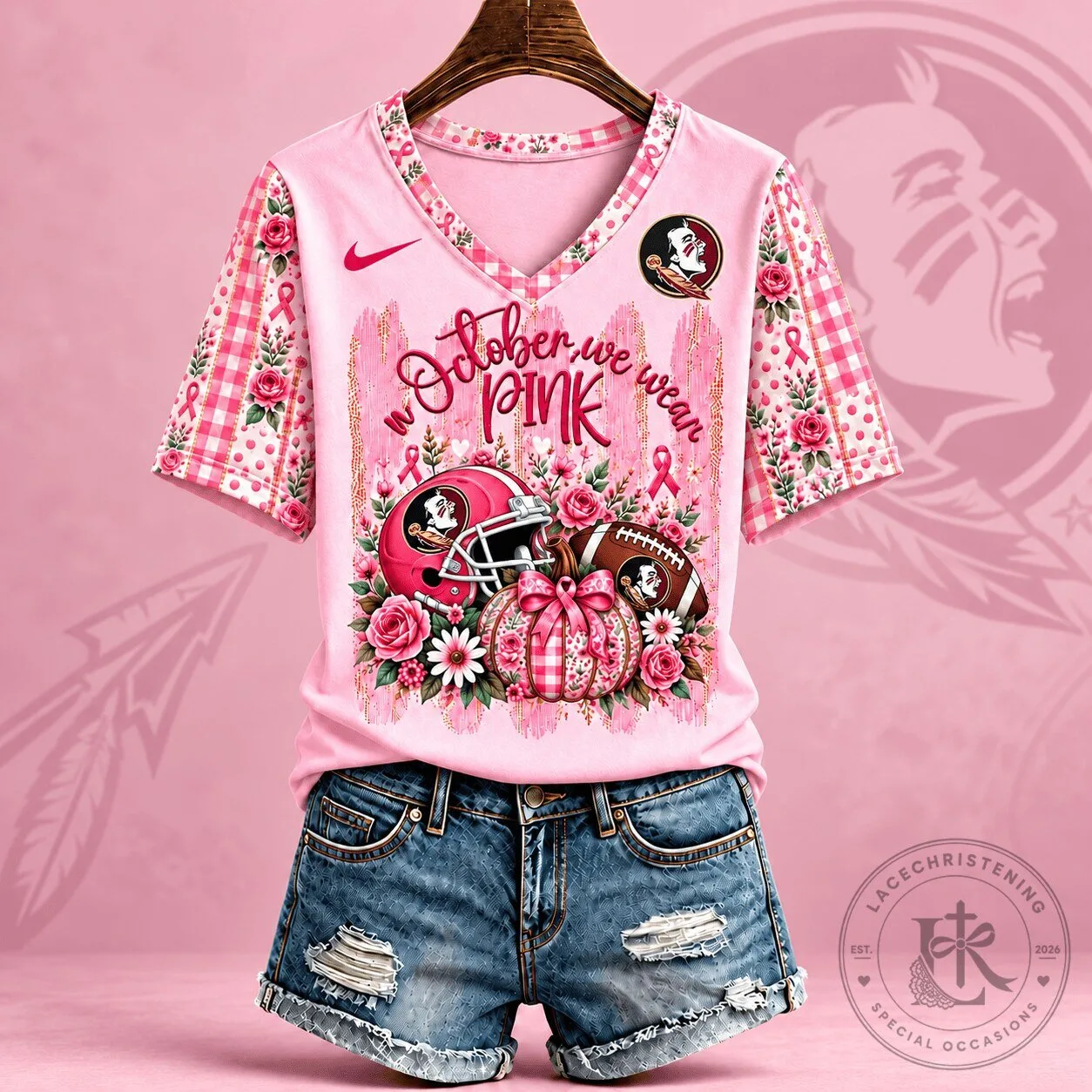 Florida State Seminoles Breast Cancer Awareness Pink Floral T-Shirt