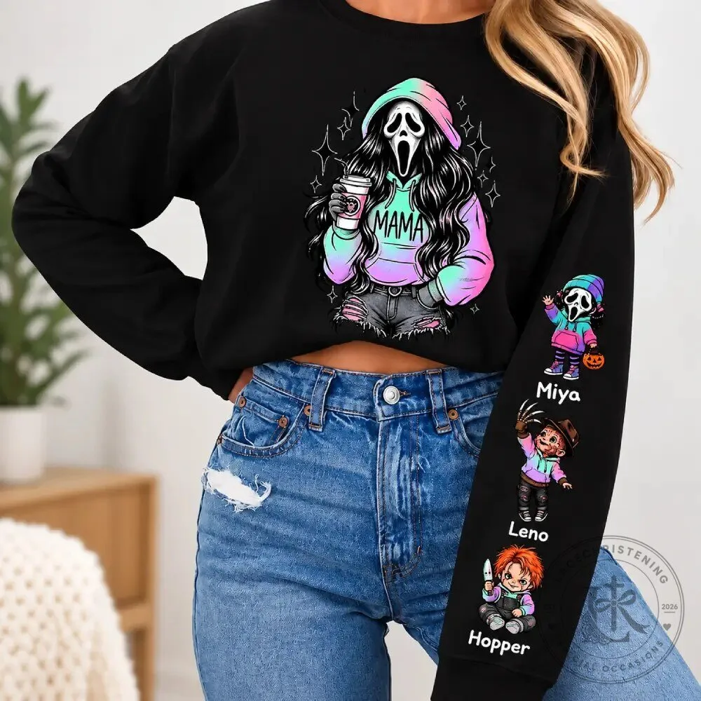Personalized Ghostface Mama Halloween Sweatshirt with Kids Names on Sleeve