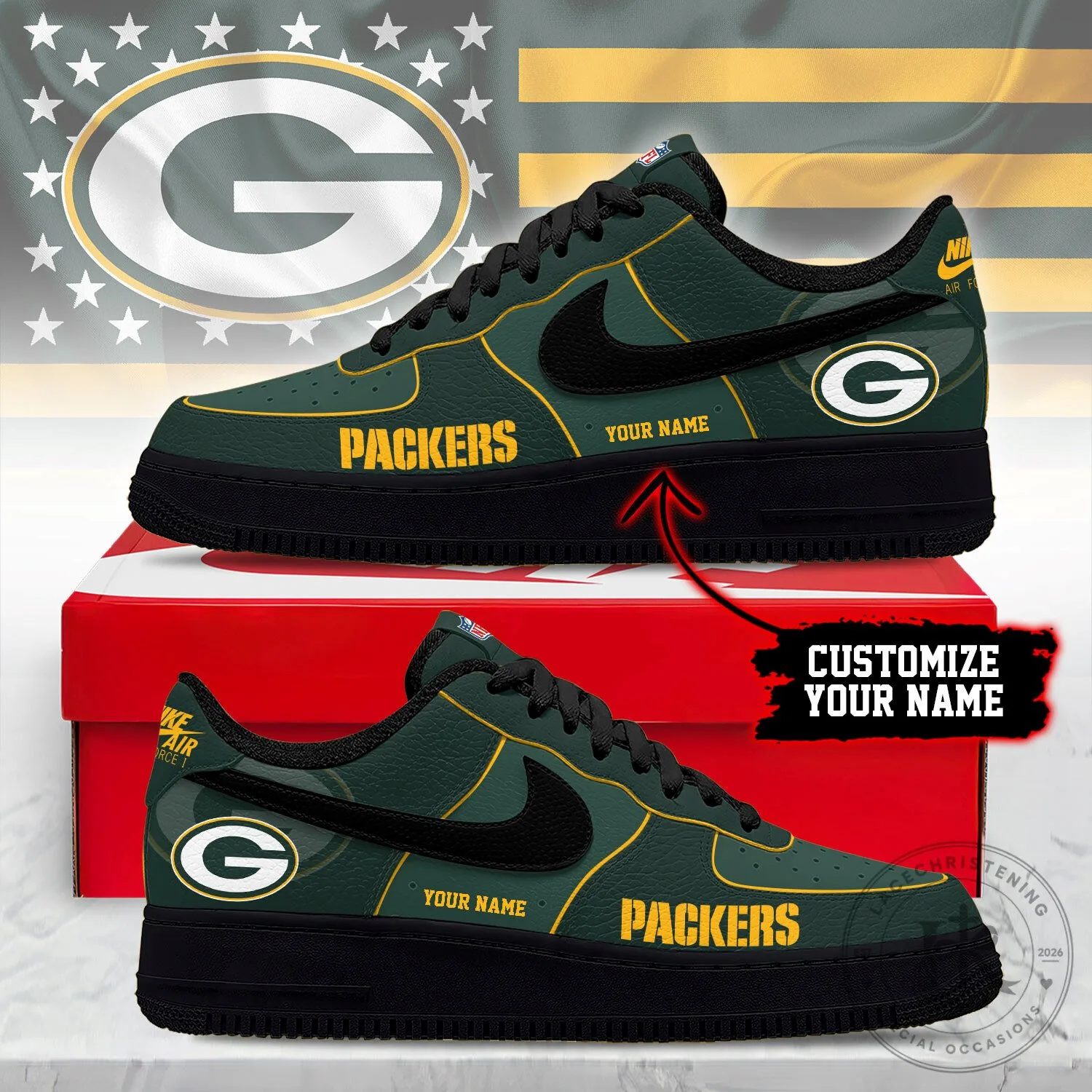 Green Bay Packers NFL Custom Name Air Force 1 Shoes