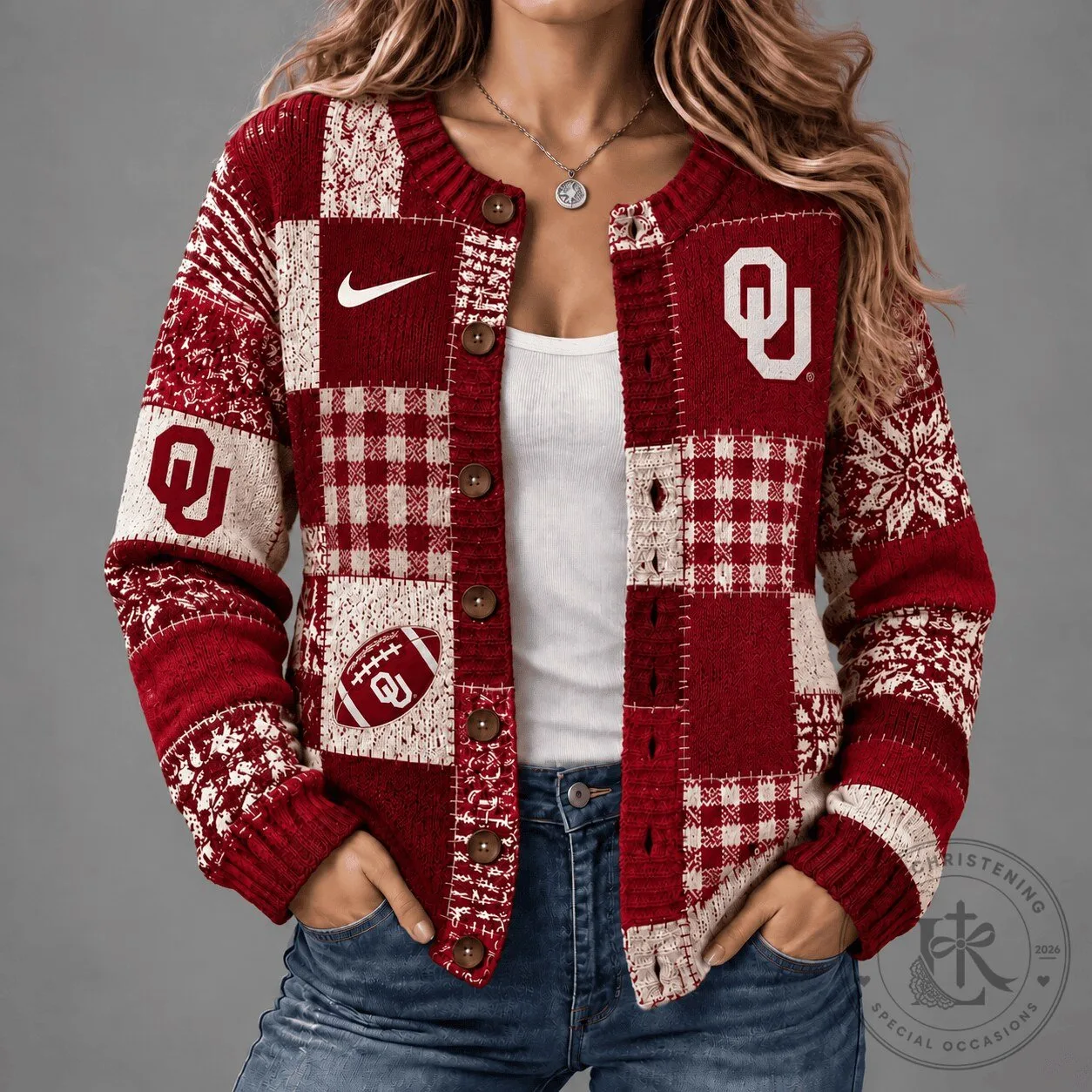Oklahoma Sooners Football Vintage Patchwork Cardigan Sweater for Women