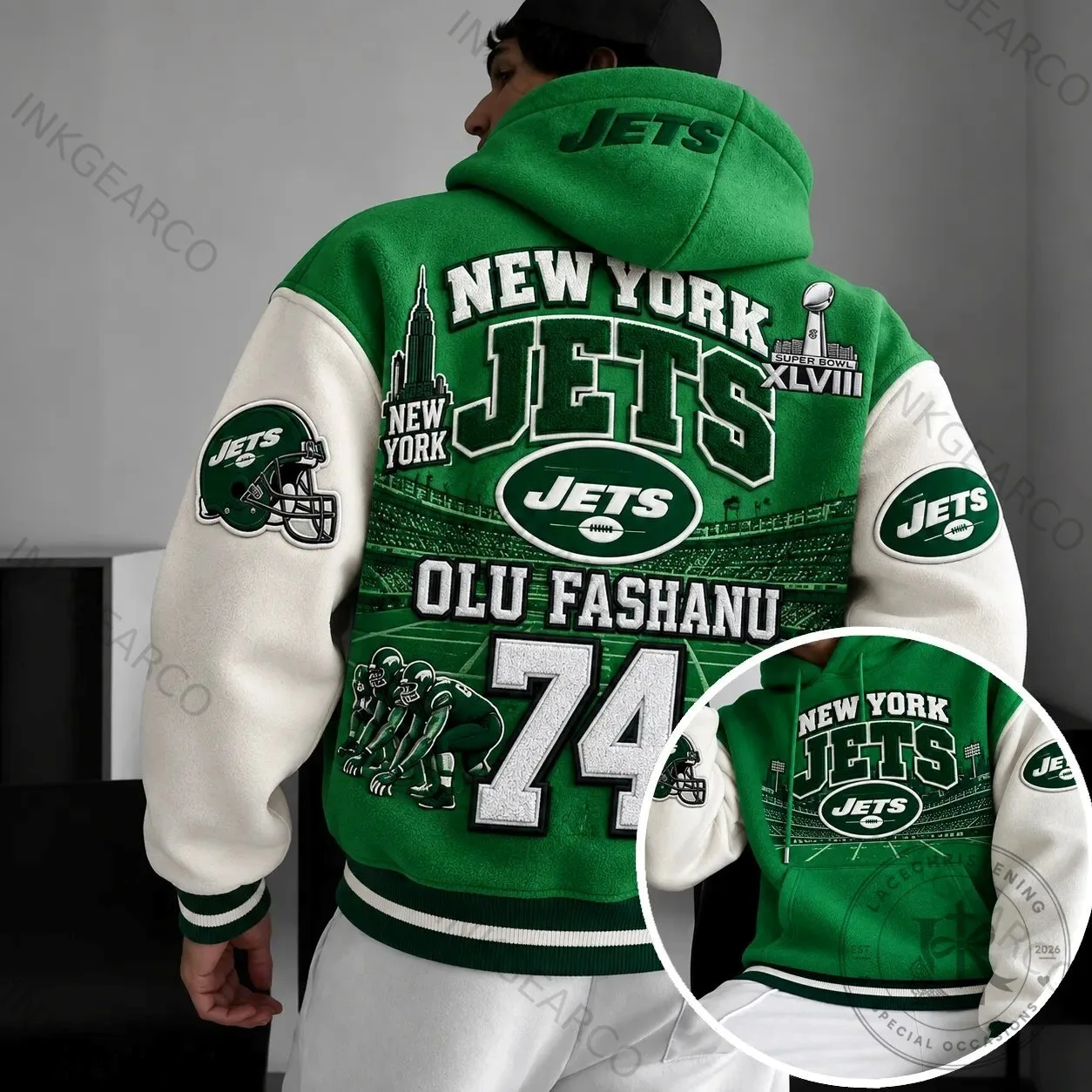 New York Jets Olu Fashanu Number 74 Super Bowl XLVIII Hoodie