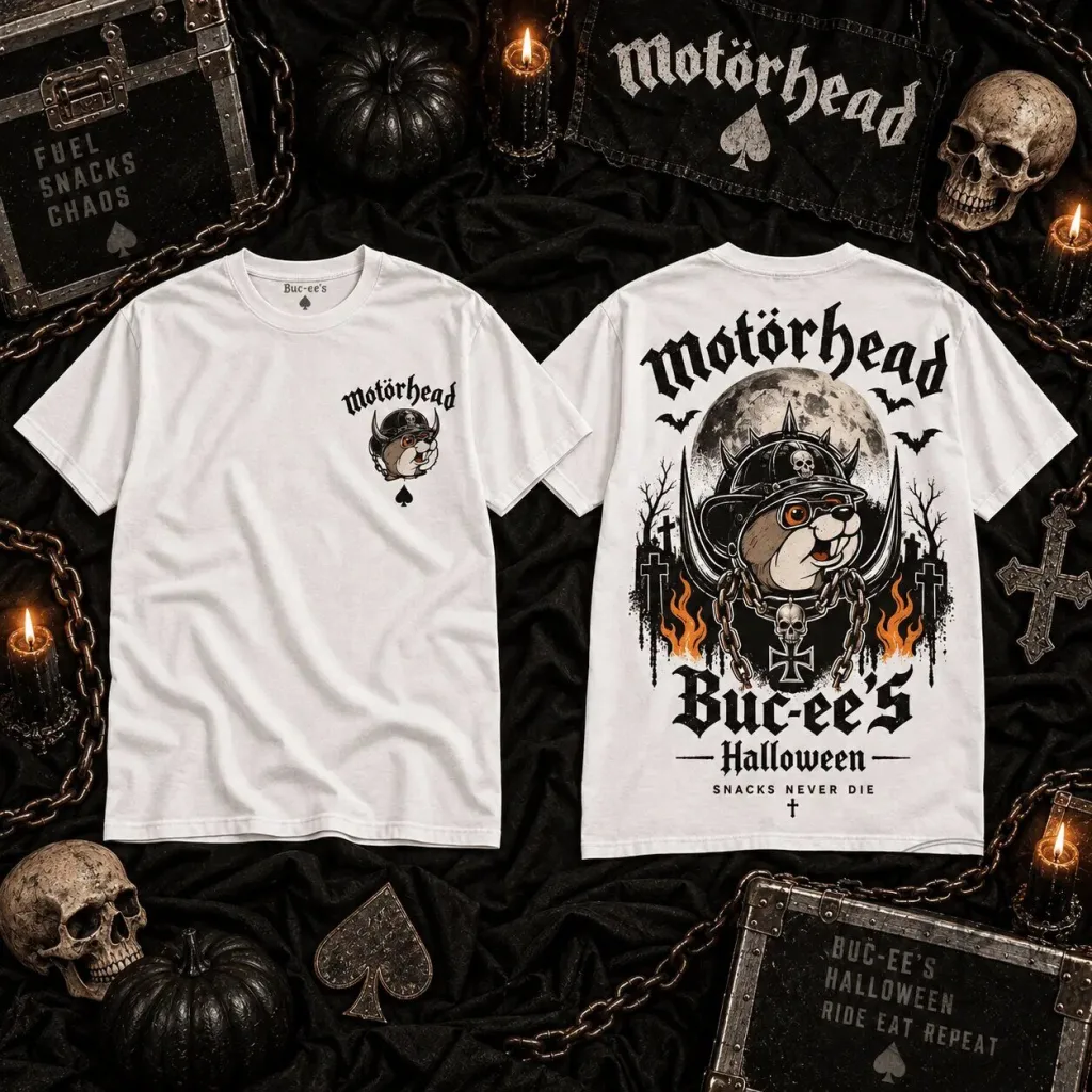 Motörhead Buc-ee's Halloween Snacks Never Die T-Shirt Motörhead Buc-ee's Halloween Snacks Never Die T-Shirt