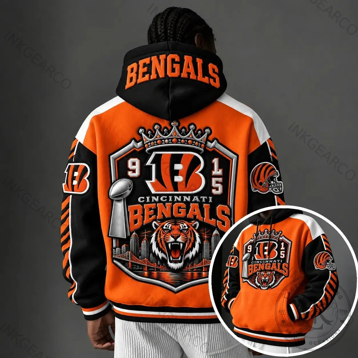 Cincinnati Bengals Football Team Crown Logo Orange Black Varsity Style Hoodie
