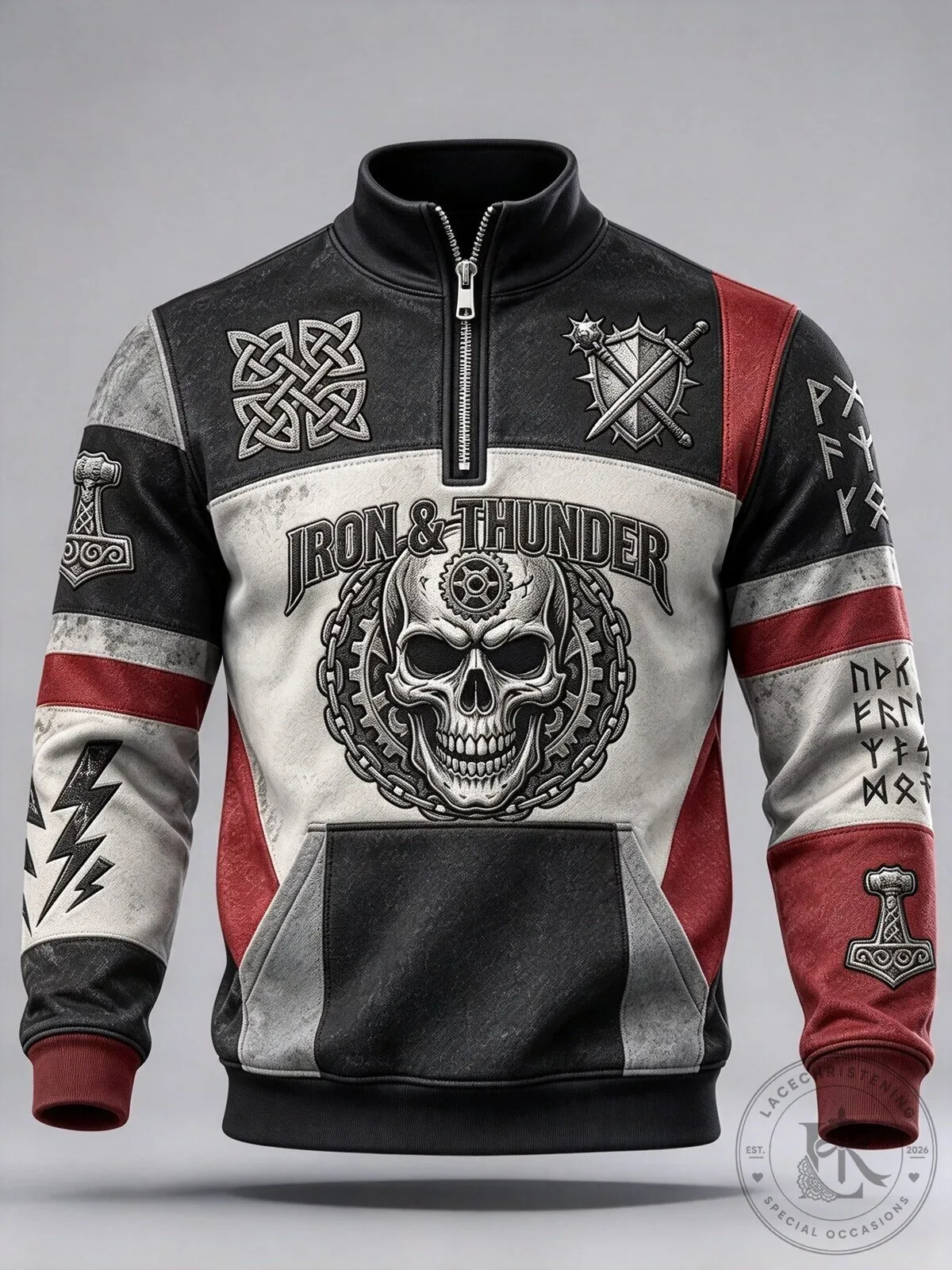 Iron And Thunder Viking Skull Nordic Runes Quarter Zip Pullover Hoodie