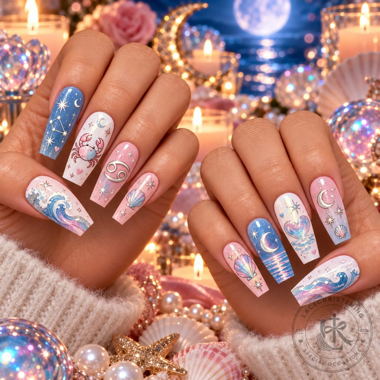Cancer Zodiac Sign Moonlit Ocean Pearl Press-On Nails Set