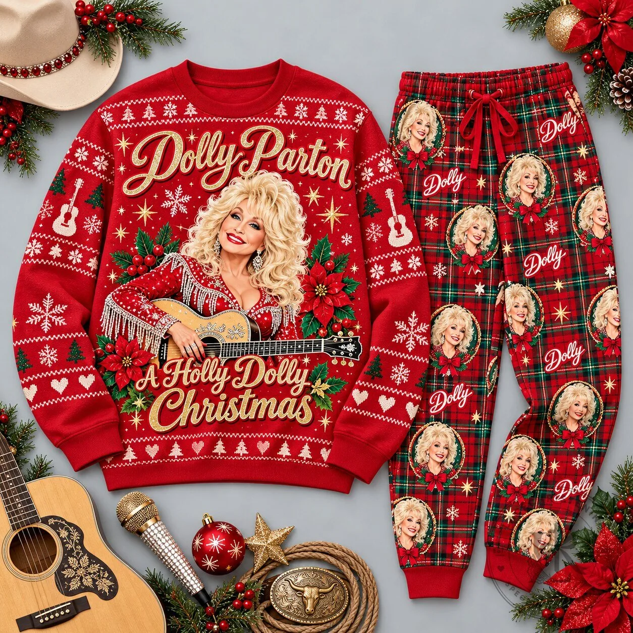 Dolly Parton A Holly Dolly Christmas Red Festive Sweater and Jogger Pants Set