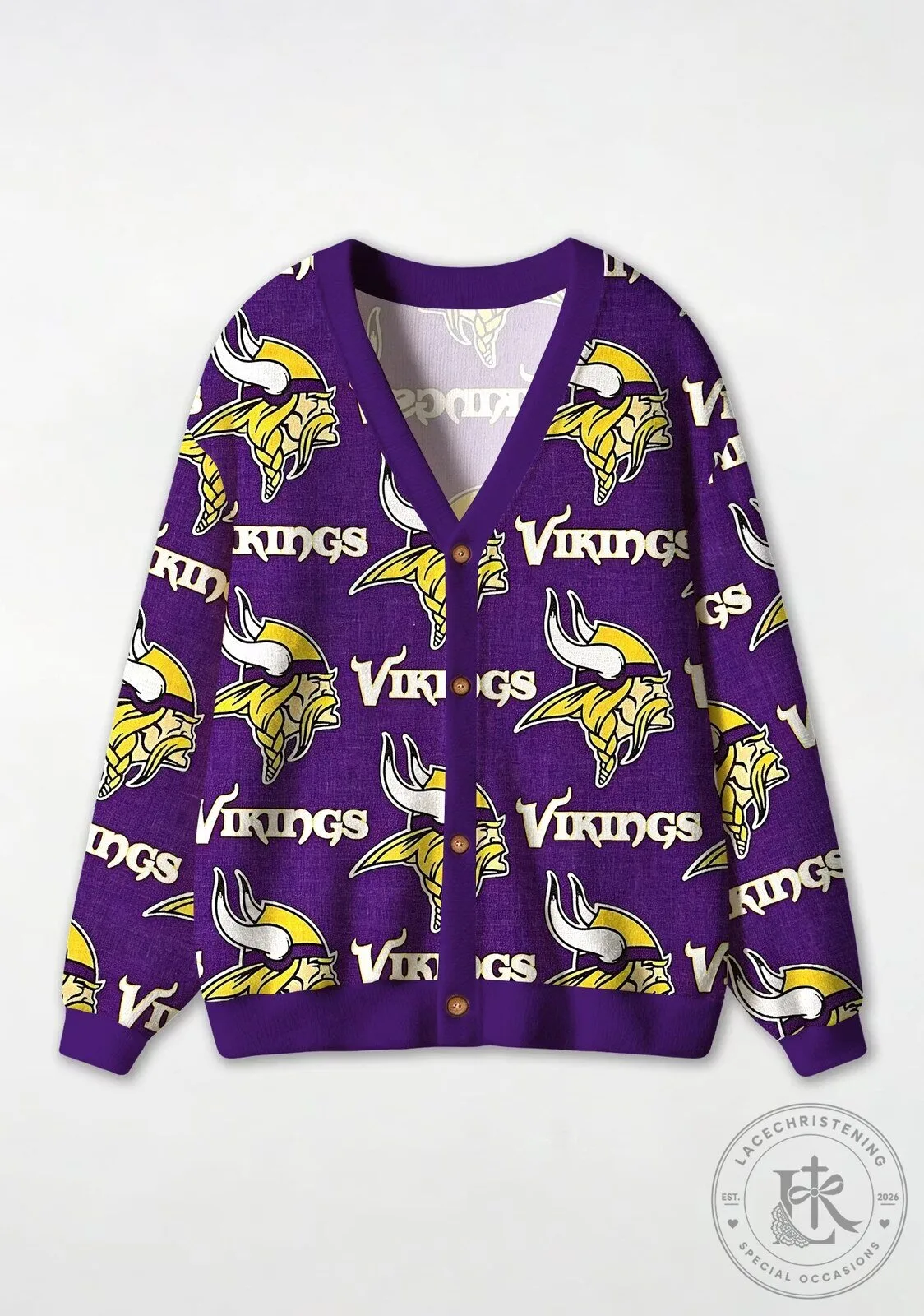 Minnesota Vikings Purple Logo Pattern Button-Up Cardigan Sweater