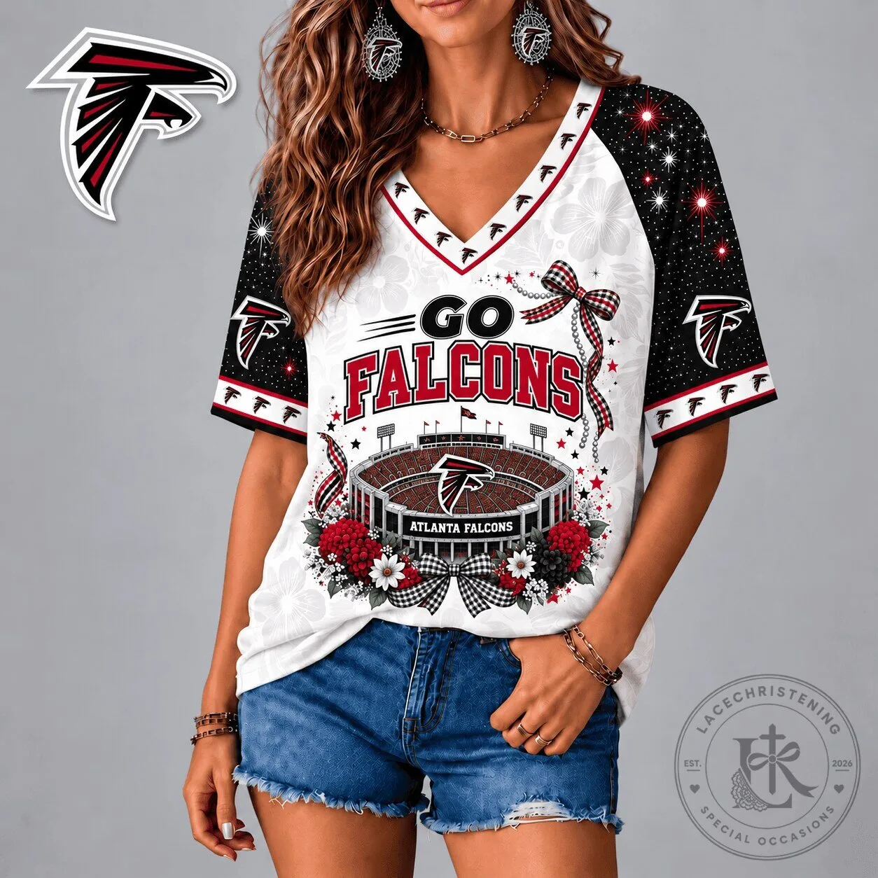 Atlanta Falcons Patriotic Floral Bow V-Neck Short Sleeve T-Shirt