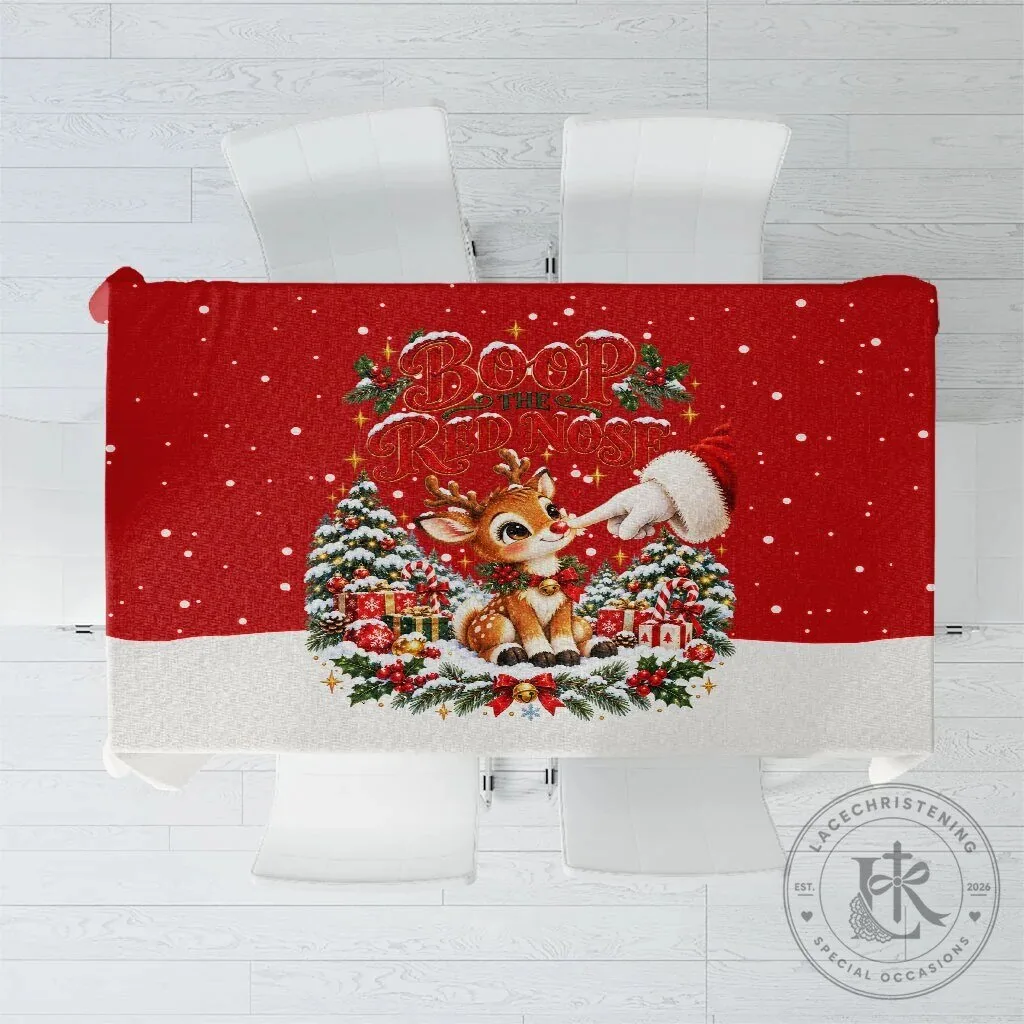 Cute Reindeer Boop The Red Nose Christmas Tablecloth Festive Vintage Winter Snow