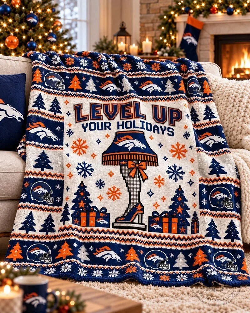 Denver Broncos Level Up Your Holidays Christmas Holiday Flannel Blanket