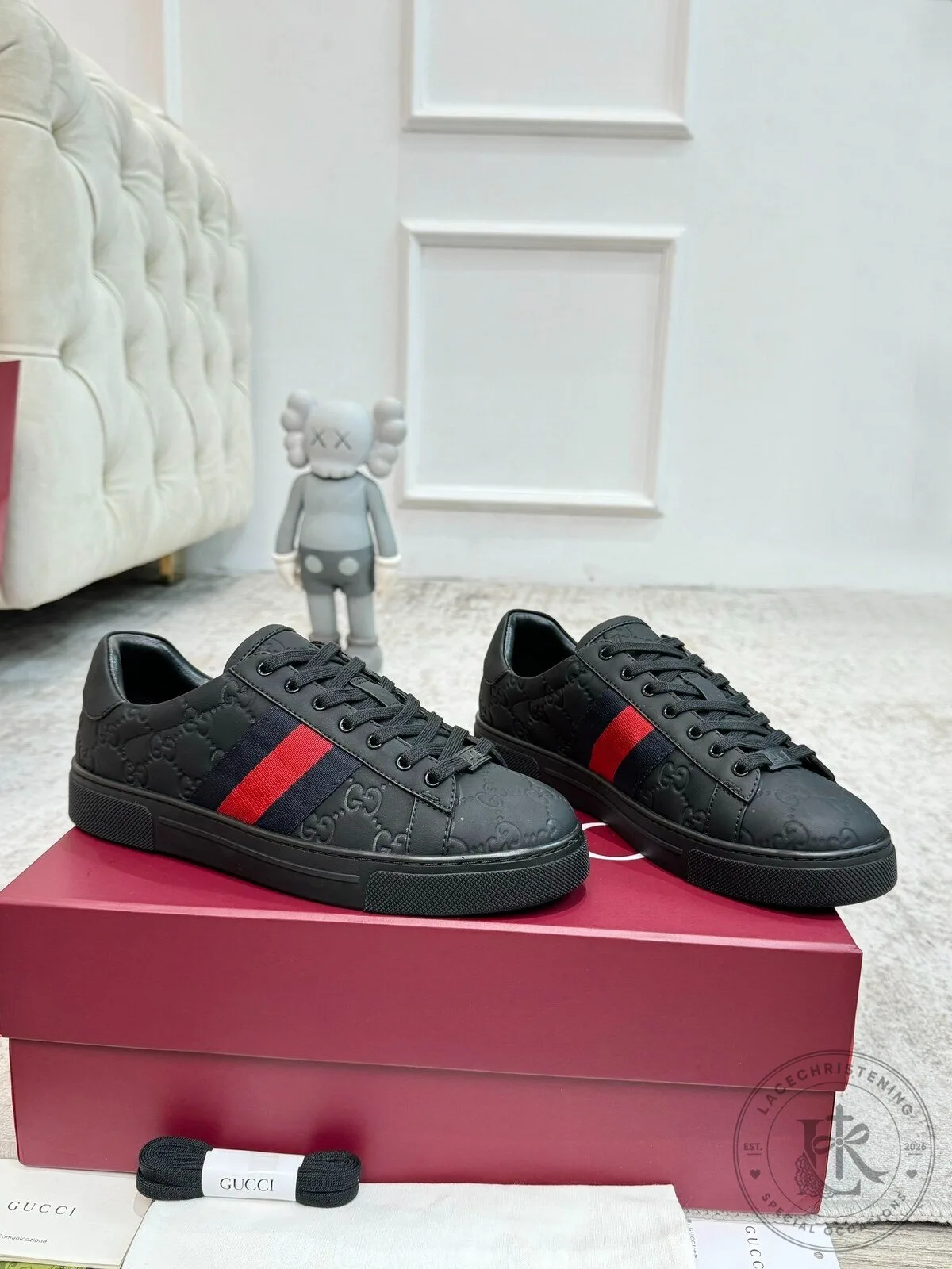 Gucci Black Leather Ace Sneakers with Red and Green Web Stripe