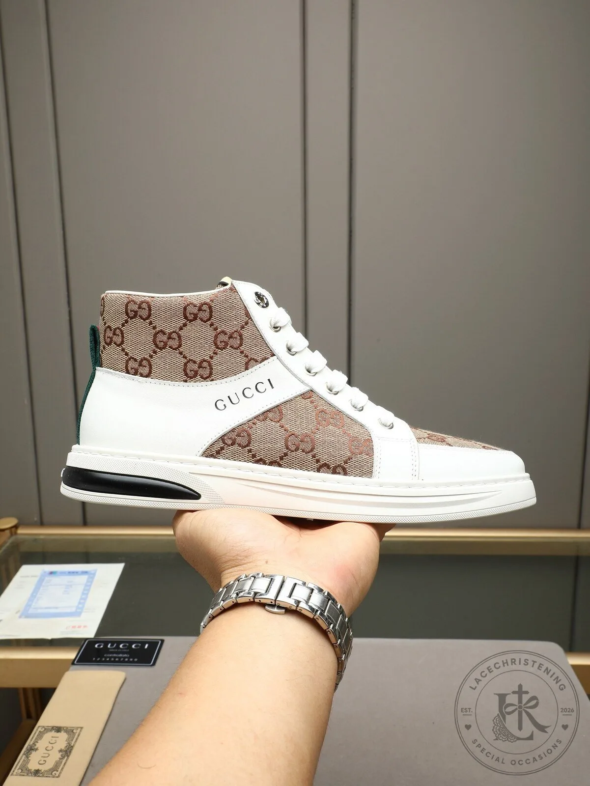 Gucci Monogram High Top Sneakers Designer Fashion Luxury Shoes