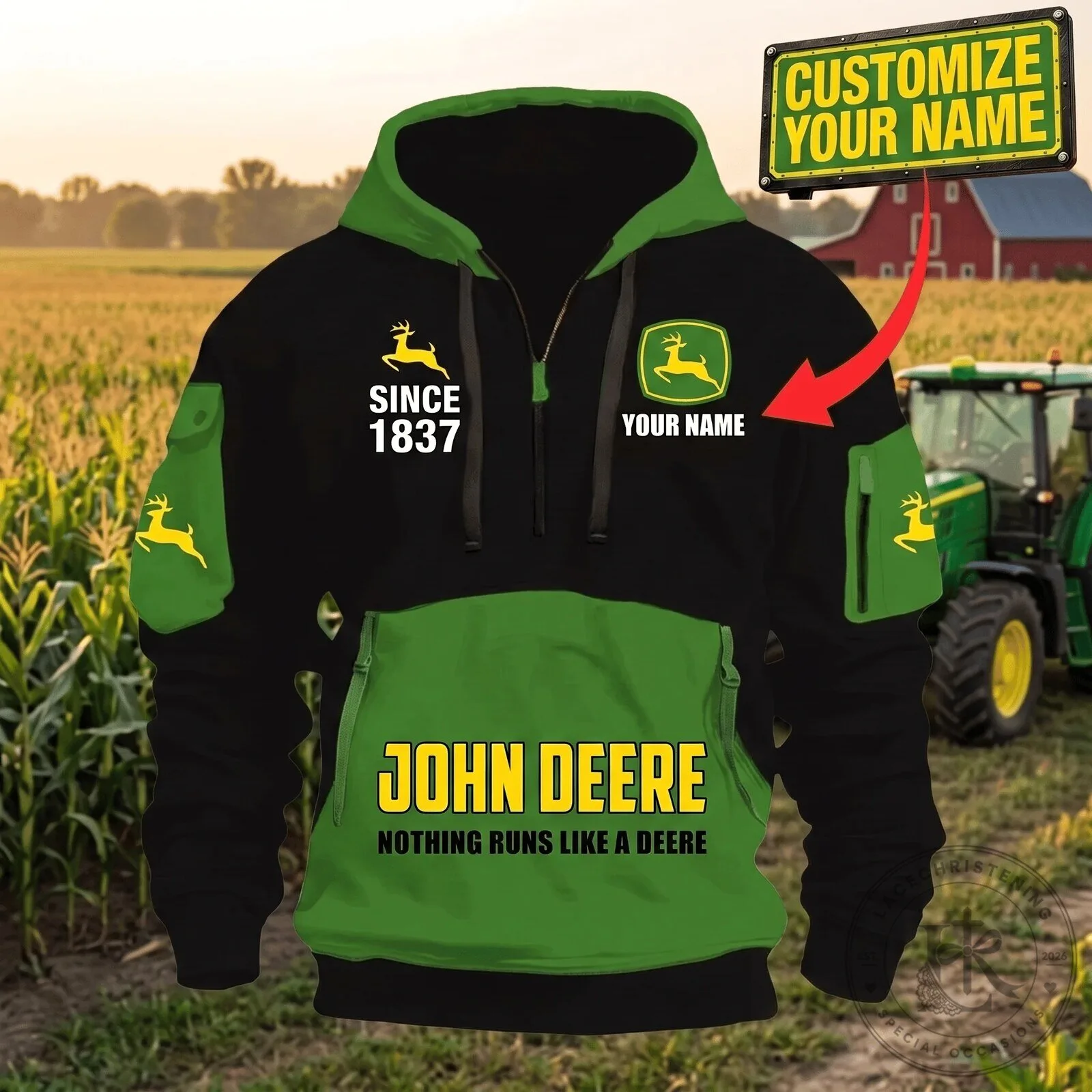 John Deere Personalized Quarter Zip Hoodie with Custom Name and Logo
