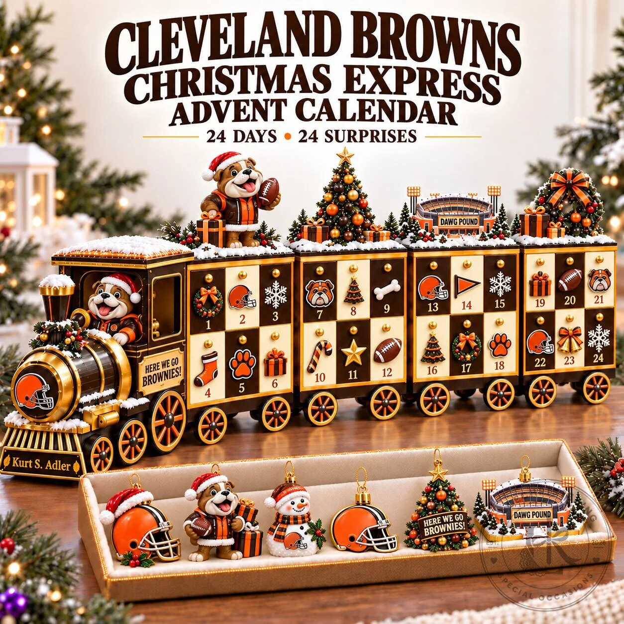 Cleveland Browns Christmas Express Train Advent Calendar with 24 Ornaments