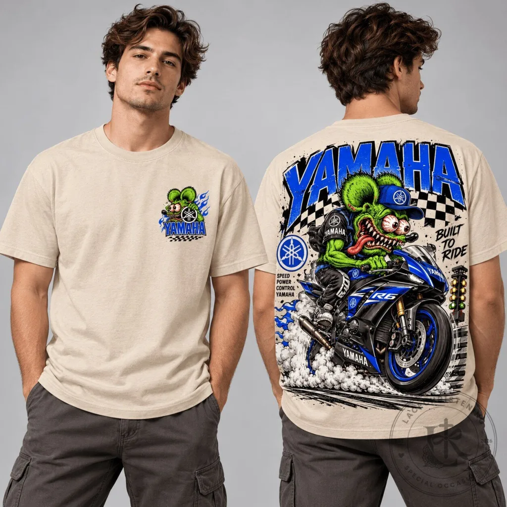 Yamaha Rat Fink Sport Bike Racing Motorcycle Graphic Beige T-Shirt Yamaha Rat Fink Sport Bike Racing Motorcycle Graphic Beige T-Shirt