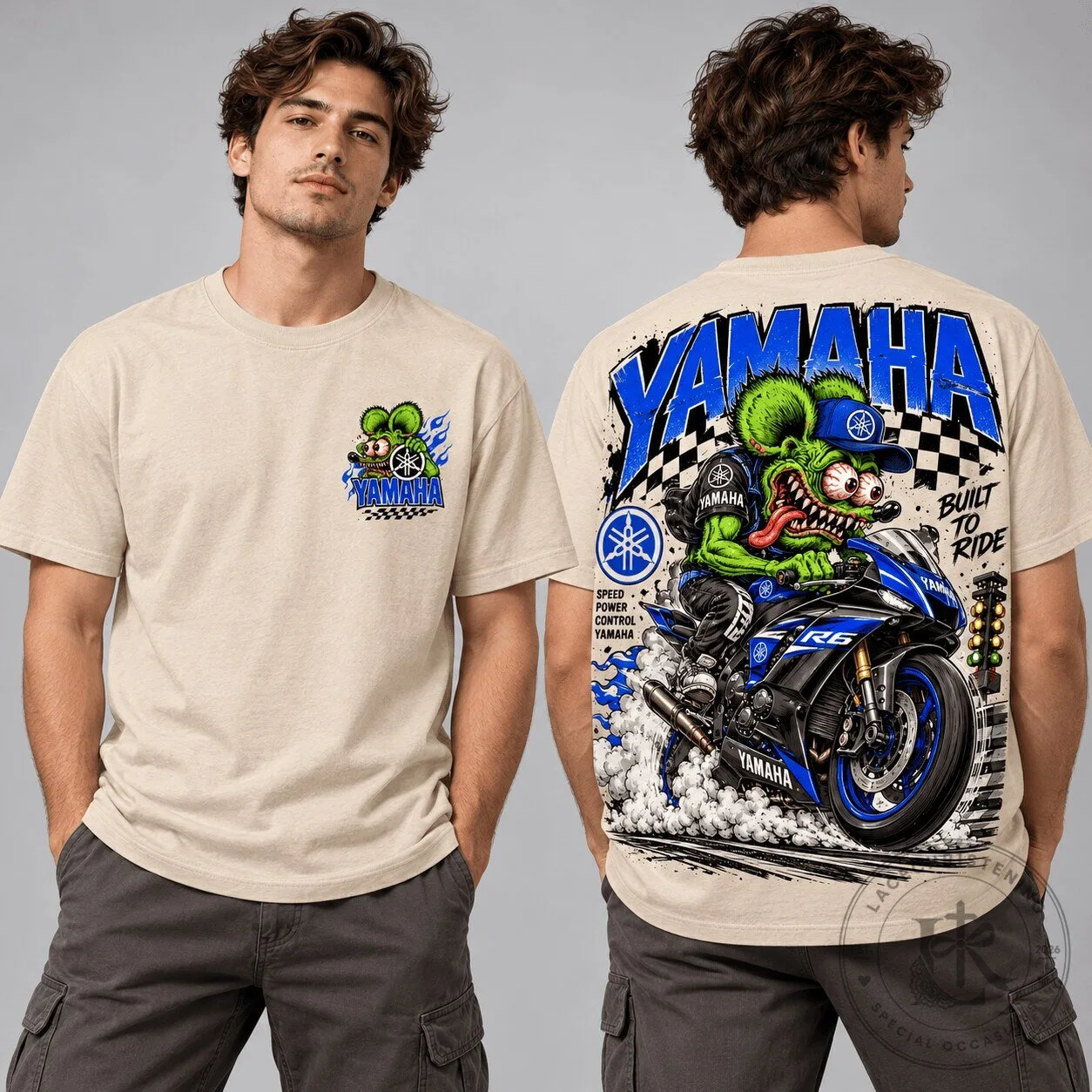 Yamaha Rat Fink Sport Bike Racing Motorcycle Graphic Beige T-Shirt