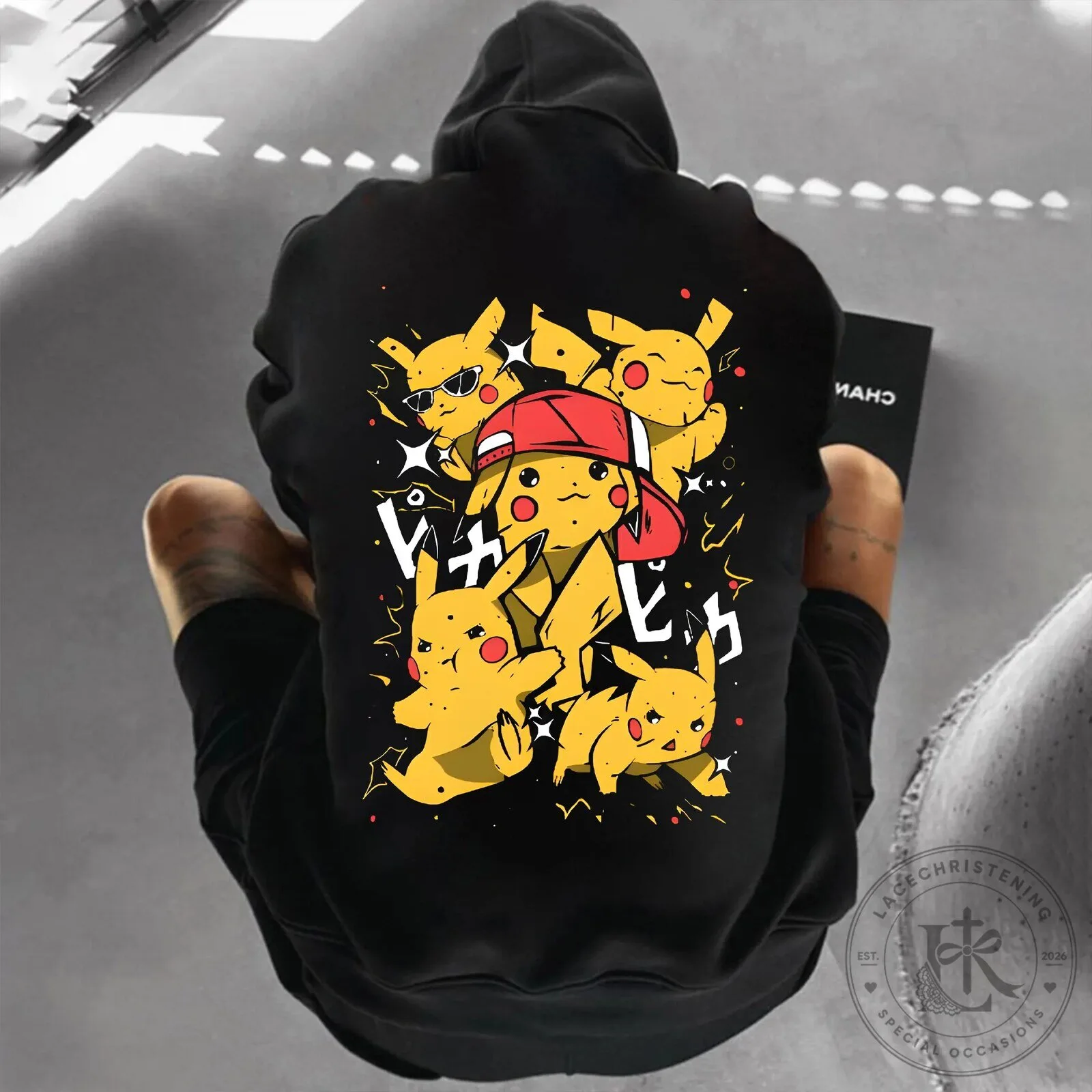 Pokemon Pikachu Stacked Anime Graphic Black Unisex Adult Hoodie