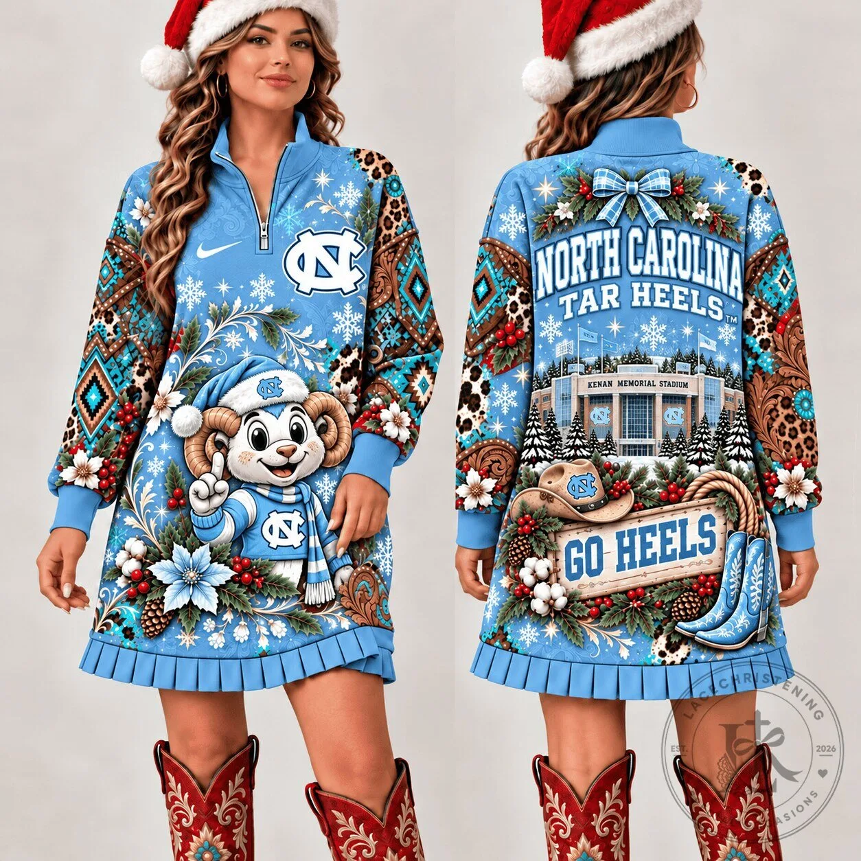North Carolina Tar Heels Christmas Western Boho Quarter-Zip Sweatshirt Dress