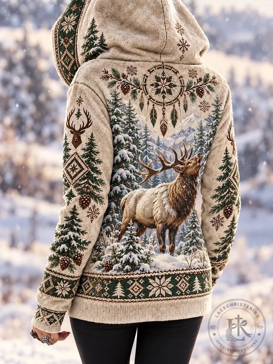 Winter Elk Dreamcatcher Forest Landscape Women's Full-Zip Hoodie 15 Winter Elk Dreamcatcher Forest Landscape Women's Full-Zip Hoodie