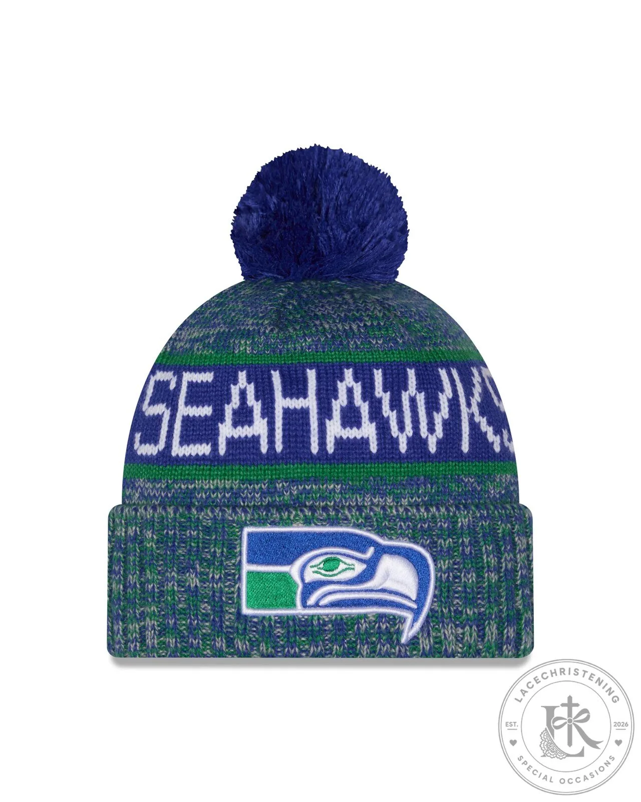 Seattle Seahawks New Era Tri Color Knit Pom Beanie Hat 5 Seattle Seahawks New Era Tri Color Knit Pom Beanie Hat