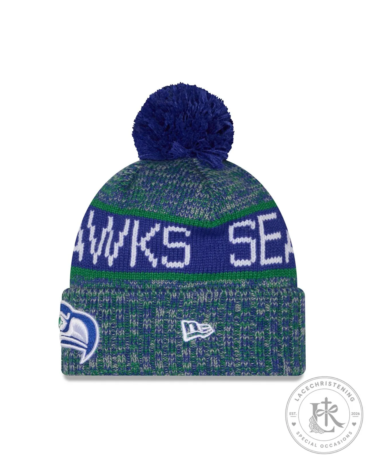 Seattle Seahawks New Era Tri Color Knit Pom Beanie Hat 8 Seattle Seahawks New Era Tri Color Knit Pom Beanie Hat