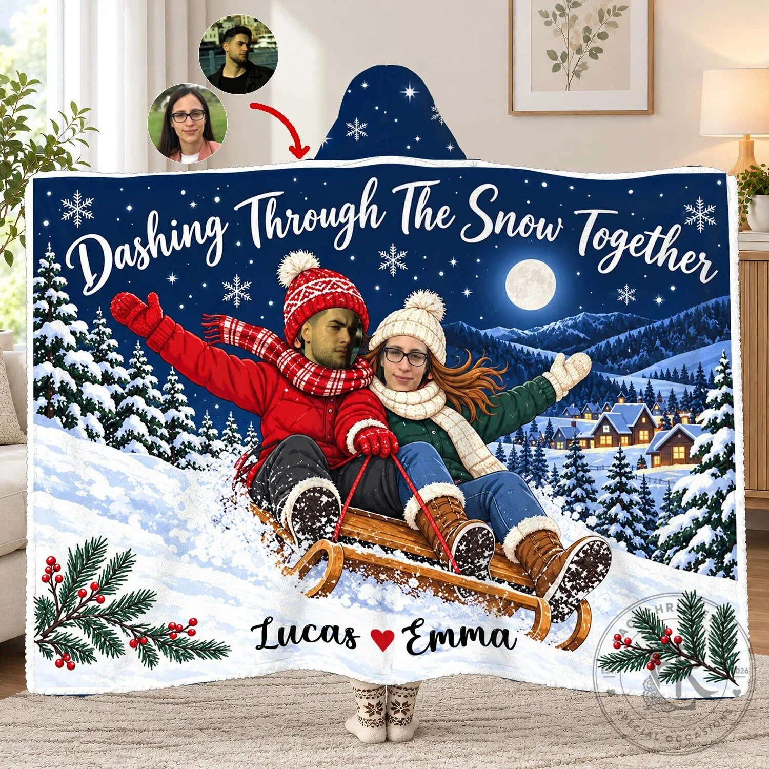 Personalized Dashing Through The Snow Together Custom Photo Hooded Blanket