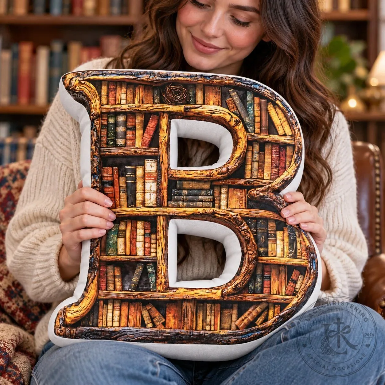 Bookshelf Letter B Shaped Throw Pillow - Personalized Gift for Book Lovers