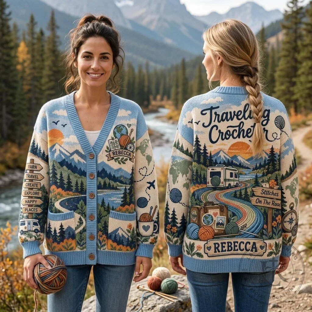 Personalized Traveling Crocheter Mountain Landscape Cardigan Sweater