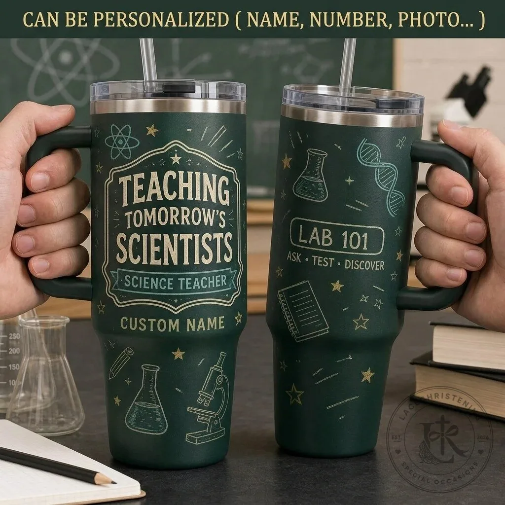 Personalized Science Teacher 40oz Tumbler with Handle Custom Name Teaching Tomorrow's Scientists