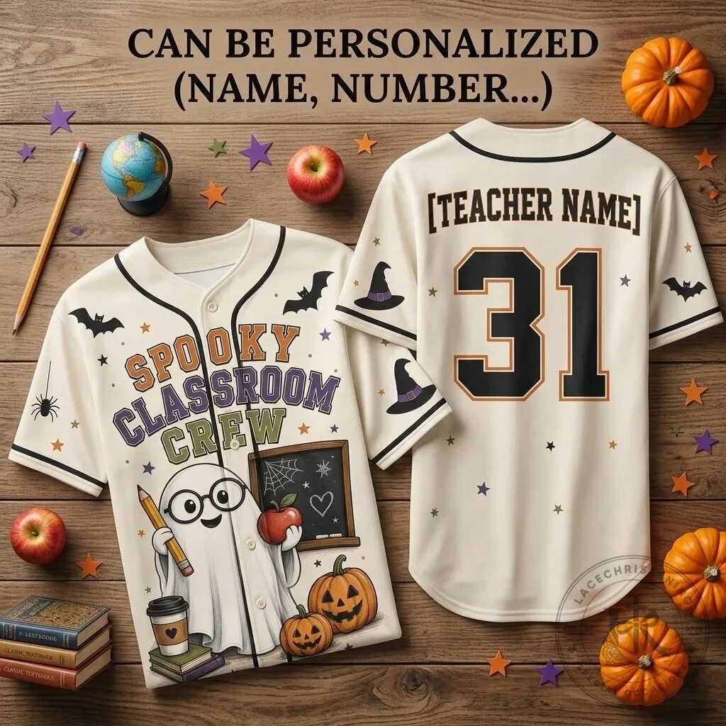 Personalized Spooky Classroom Crew Teacher Halloween Baseball Jersey