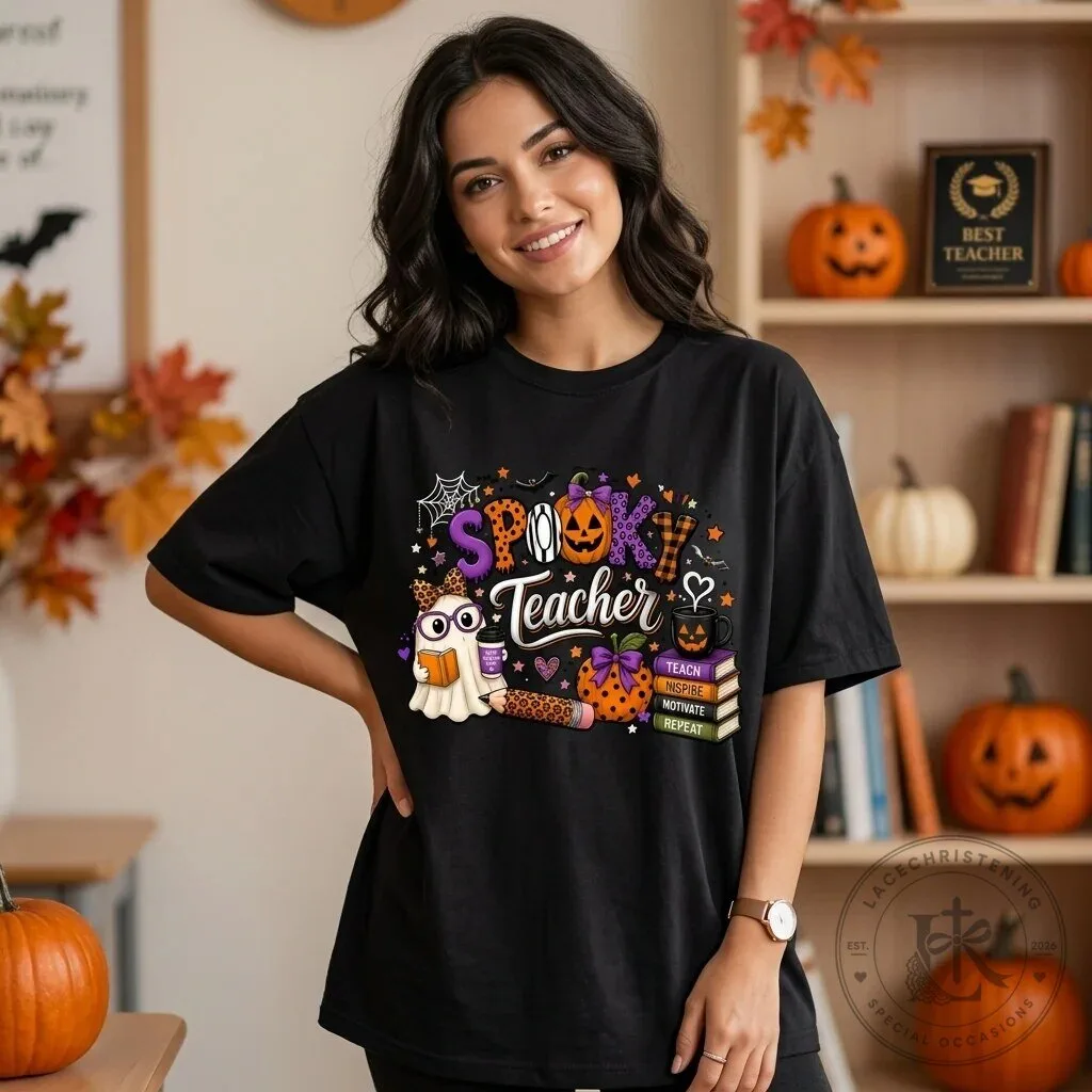 Spooky Teacher Halloween Ghost Pumpkin School Books Fall Season T-Shirt 4 Spooky Teacher Halloween Ghost Pumpkin School Books Fall Season T-Shirt