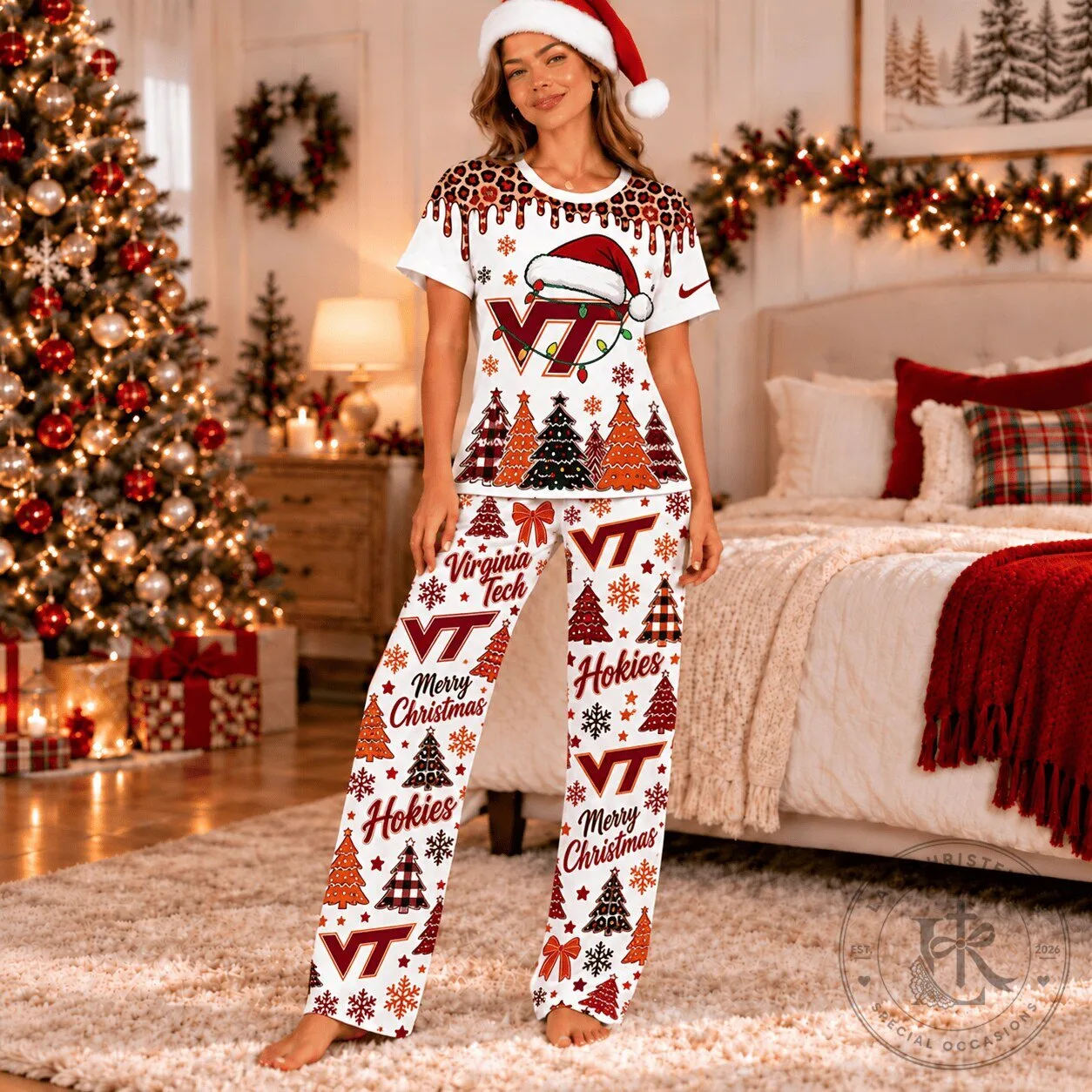 Virginia Tech Hokies Christmas Leopard Drip Pajamas Set