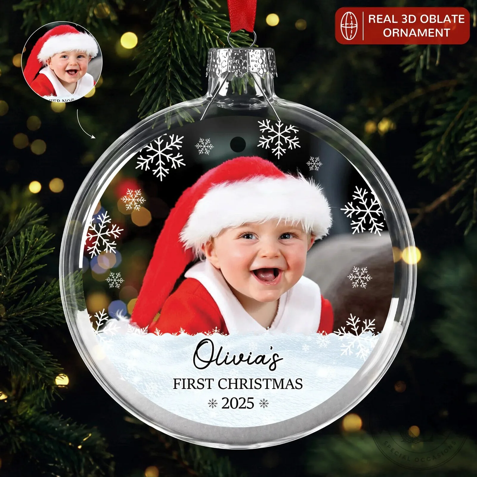 Personalized Baby's First Christmas Photo Glass Bauble Ornament
