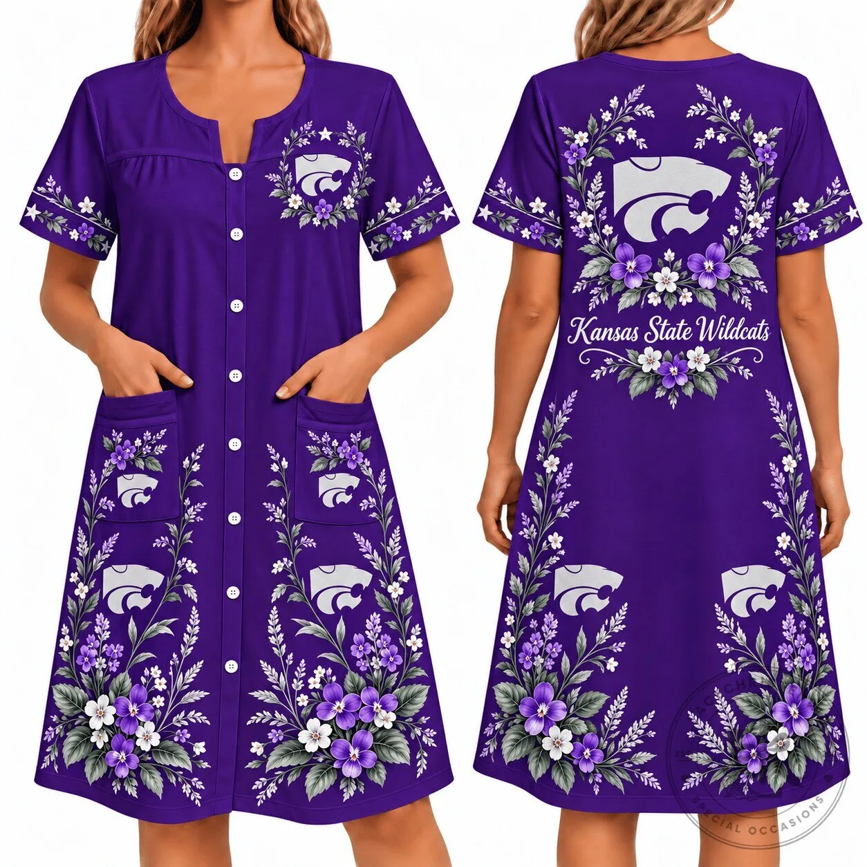Kansas State Wildcats Floral Button-Up House Dress for Women